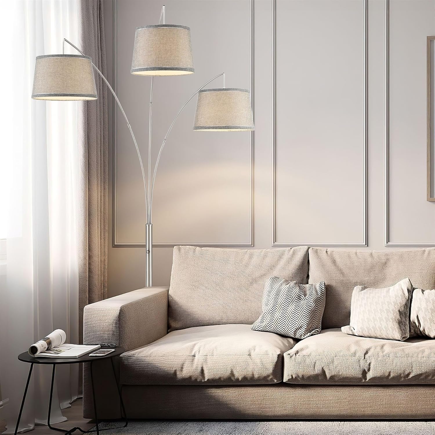 Kira Home Akira 79" Modern 3-Light Arc Floor Lamp with 3-Way Switch, Gray Burlap Shades + Brushed Nickel Finish