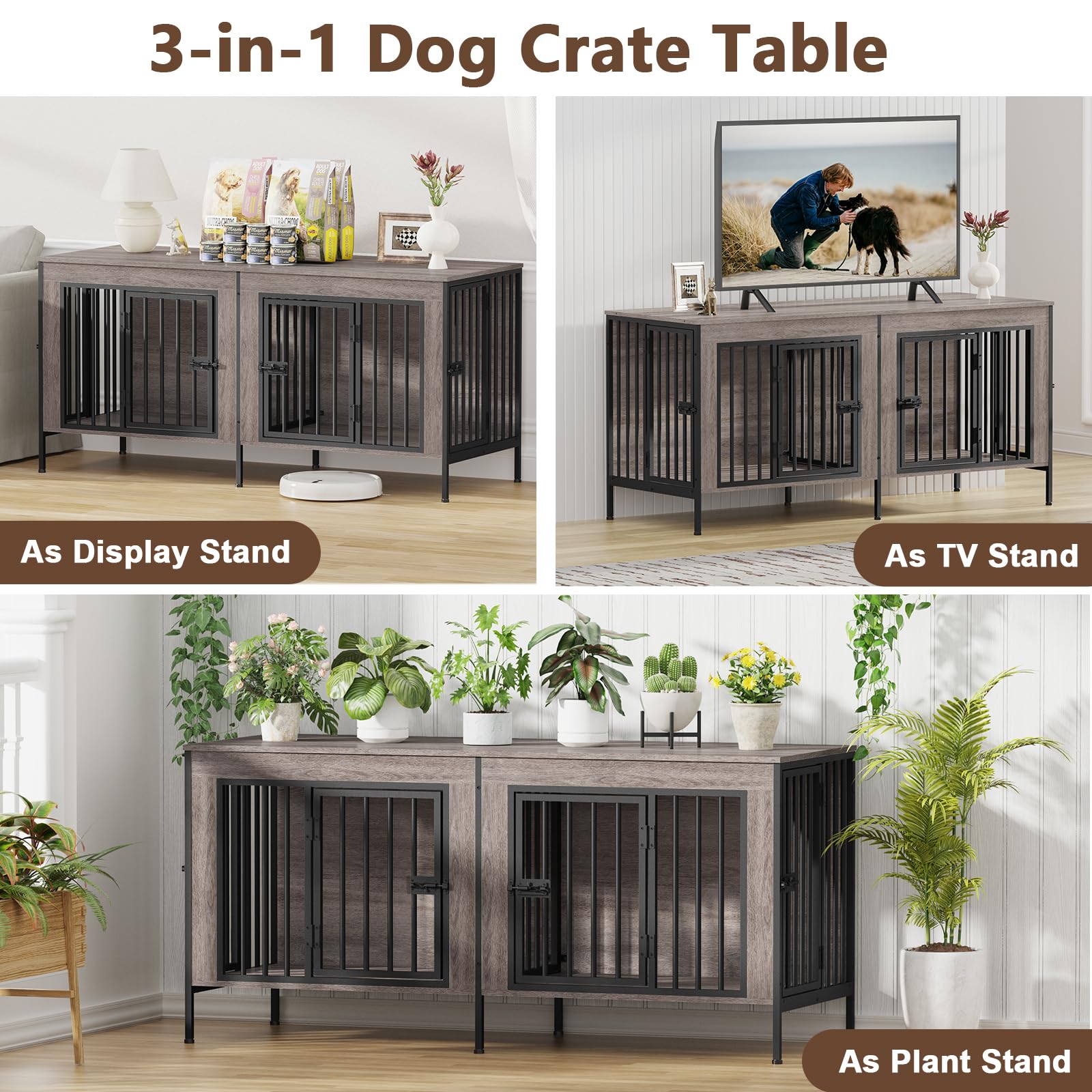 Hundekäfig Möbel für 1 Oder 2 Hunde, 4 Türen, 140 cm Holz Hundekäfig für Kleine/Mittlere Hunde, Indoor Hundebox für Zuhause als Beistelltisch und TV-Ständer, 140 x 52 x 66 cm, Graueiche