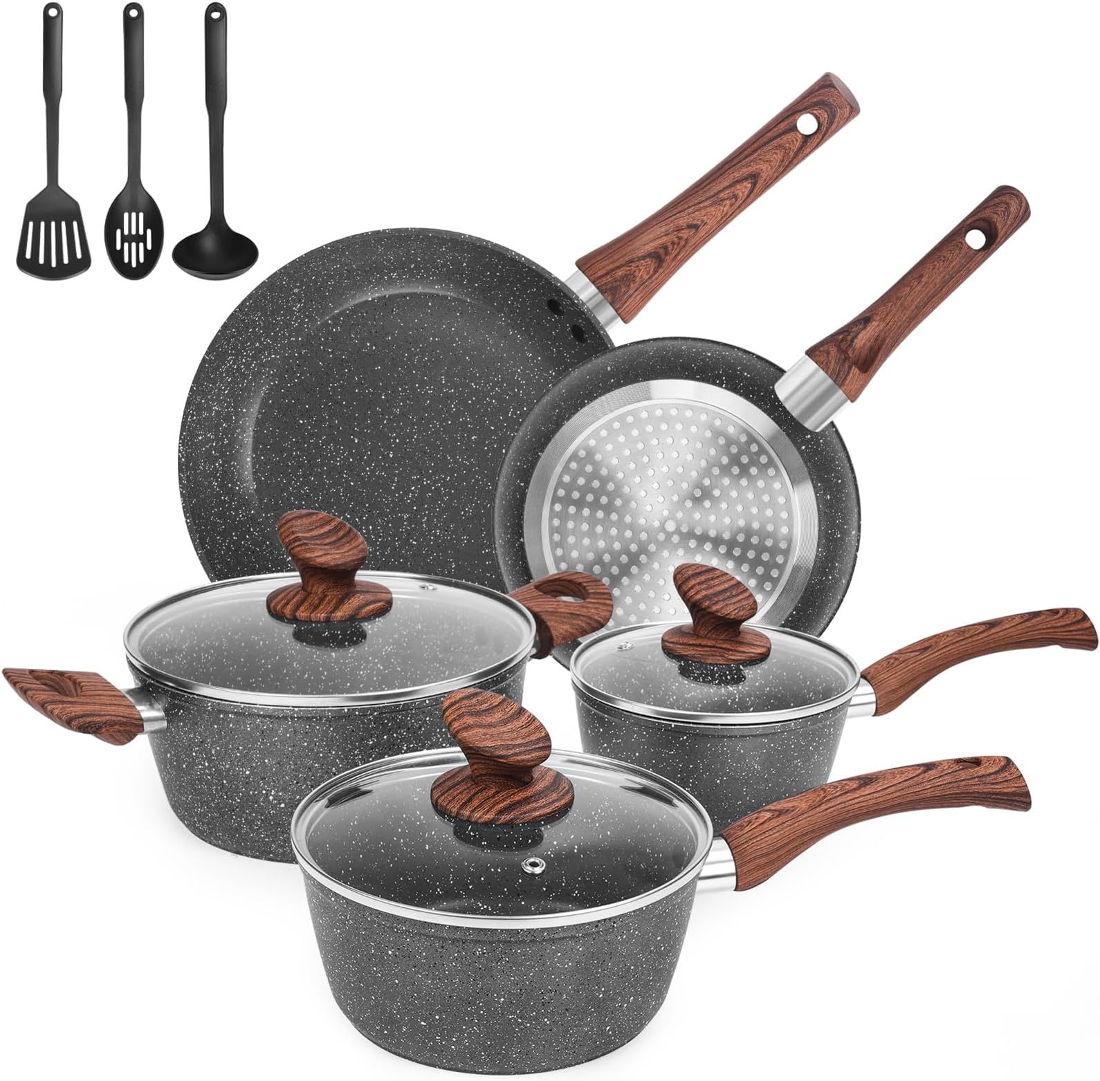Granite Pots and Pans Set Non Stick, 11 Piece Die-Cast Induction Cookware Set, Nonstick Kitchen Cooking Set w/Frying Pans & Saucepans, PFOA Free