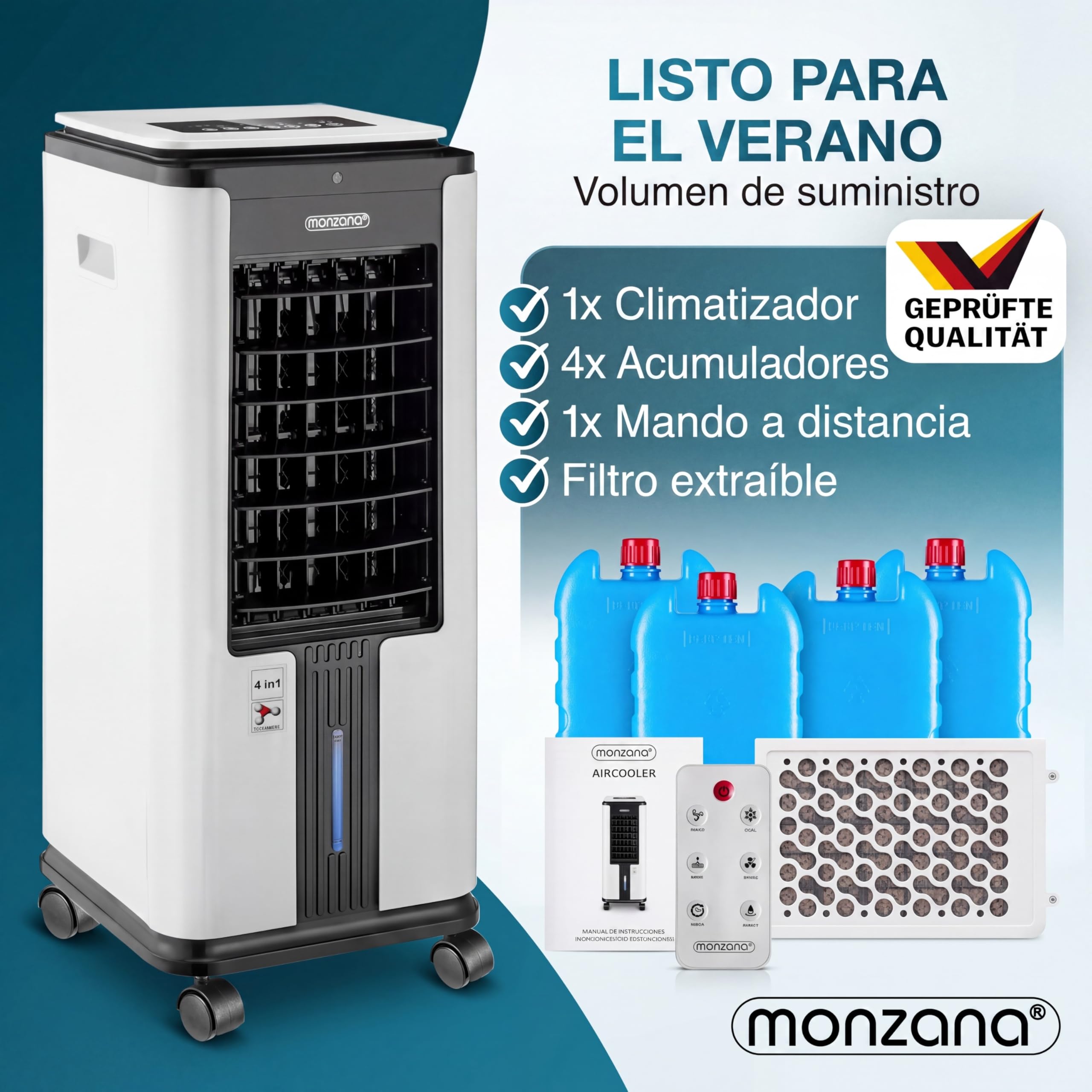 MONZANA® Enfriador de Aire 4en1 Humidificador Climatizador Ionizador Ventilador Temporizador 7L LED