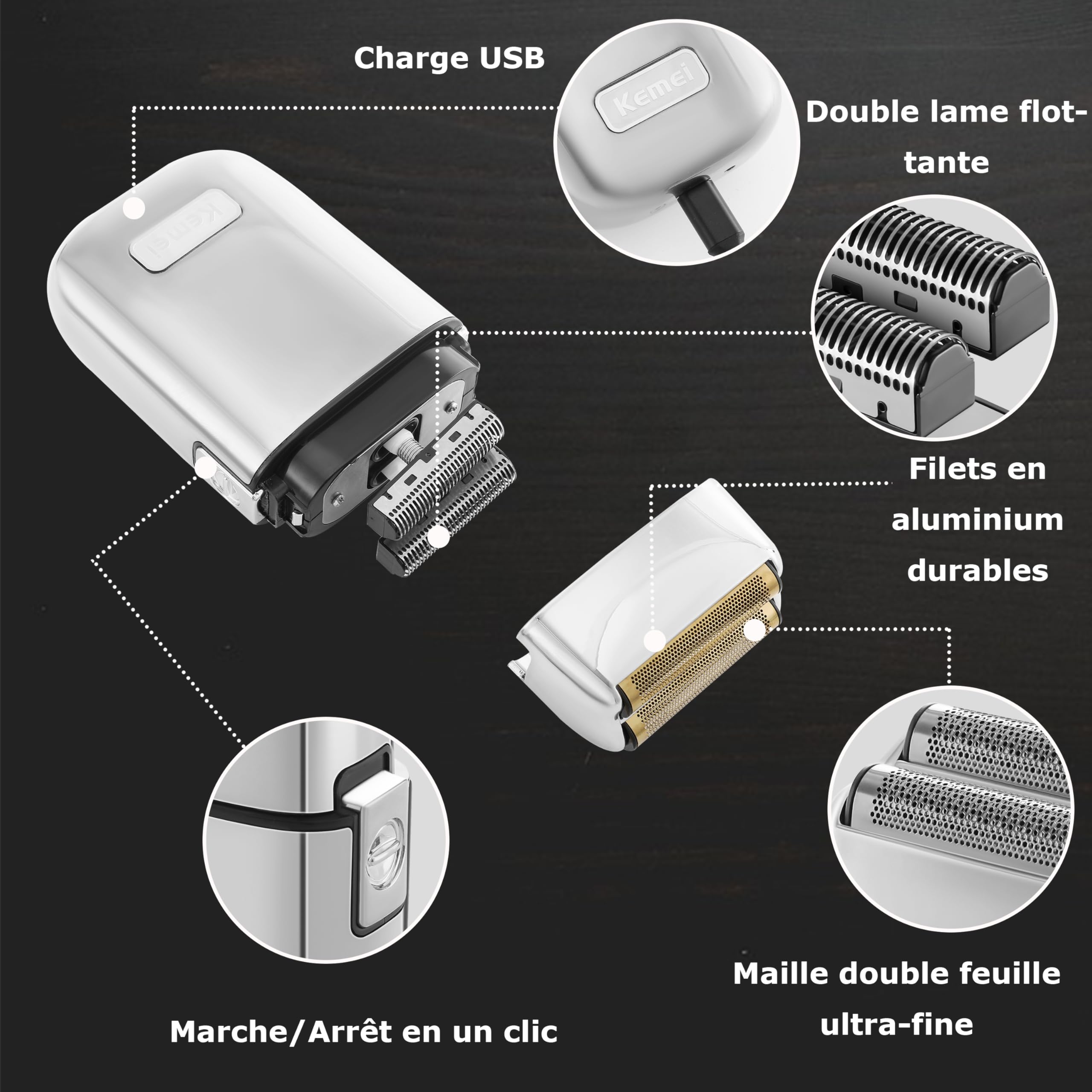 KEMEI TX1S Rasoir électrique sans fil en métal double feuille pour homme | Rechargeable de type C pour le rasage humide et sec