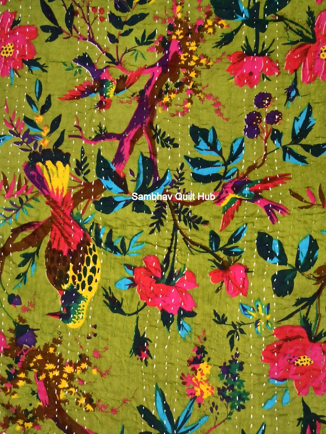 Yellow Floral Bird Kantha Quilt Reversible Kantha Bedding Quilt Bedspread Blanket Hippie Bohemian Kantha Quilting King/Queen Home Decor Bird Kantha Quilt with 2 Pillow Cover (60X90 inches)