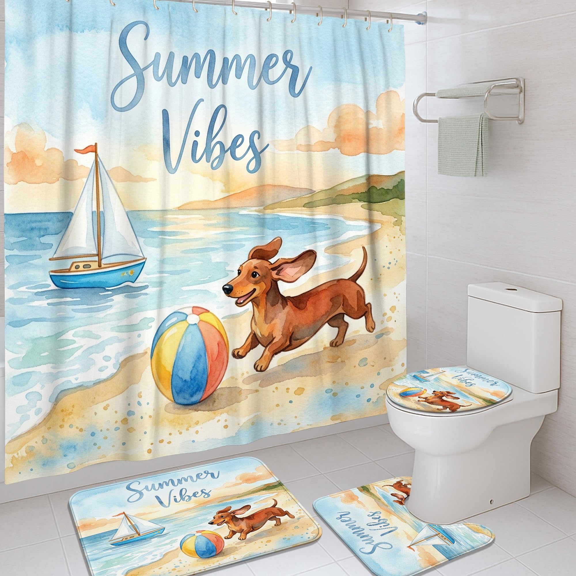 Rideau de douche été 183x183 cm motif chien et ballon avec crochets pour salle de bain