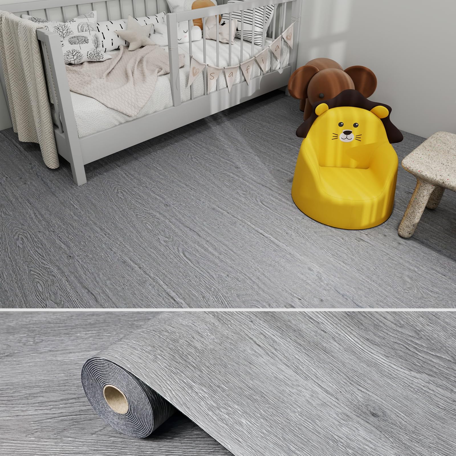 Grey Peel and Stick Floor Tiles 15.7"x196" Thicken Wood Grain Vinyl Flooring Rolls Removable Self-Adhesive Waterproof Wood Look Peel and Stick Flooring for Bedroom Bathroom Kitchen