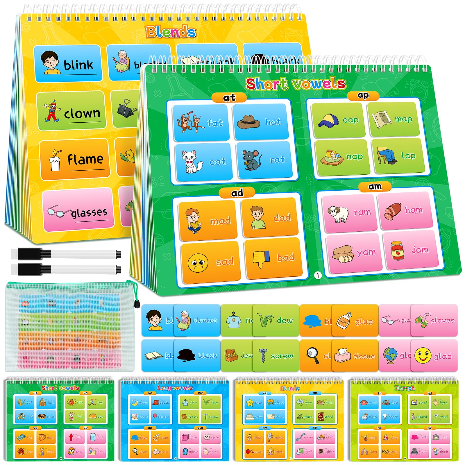 SkilLify Phonics Games Toddler Activity Sticker Book, Reading Writing Spelling CVC Sight Words for Kids, Rhyming Digraphs Blends Games Preschool Kindergarten Learning Activities Homeschool Supplies