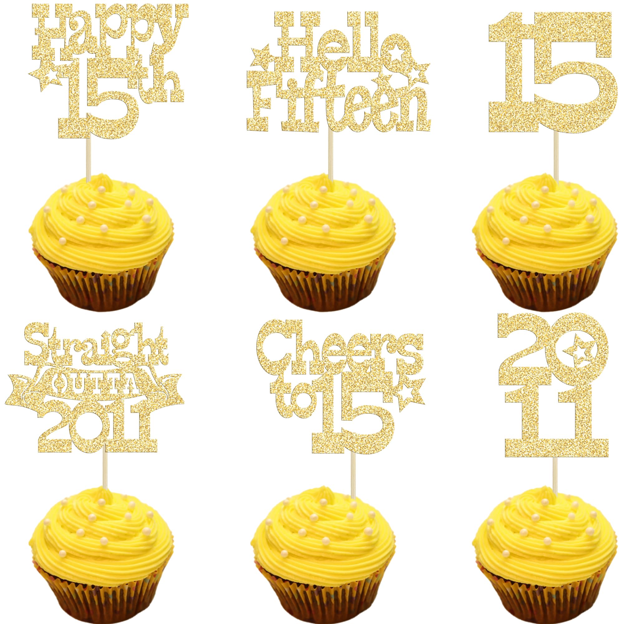 Ephlyn 30Pcs Happy 15th Birthday Cupcake Toppers Glitter Fifteen Straight Outta 2011 Cupcake Picks Cheers to 15 Years Cake Decorations for 15th Birthday Anniversary Party Supplies Gold