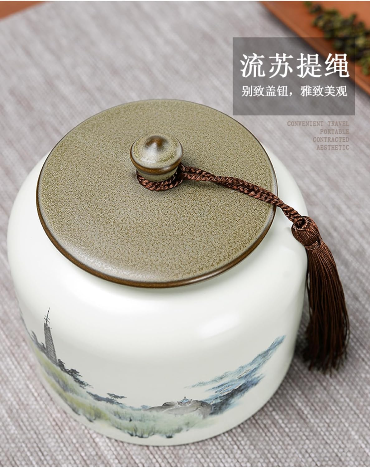 Ceramics Tea Caddy, 900ml 30.6oz, Hand-drawn Sealed Storage Tank Chinese Kung Fu Tea Set Accessories