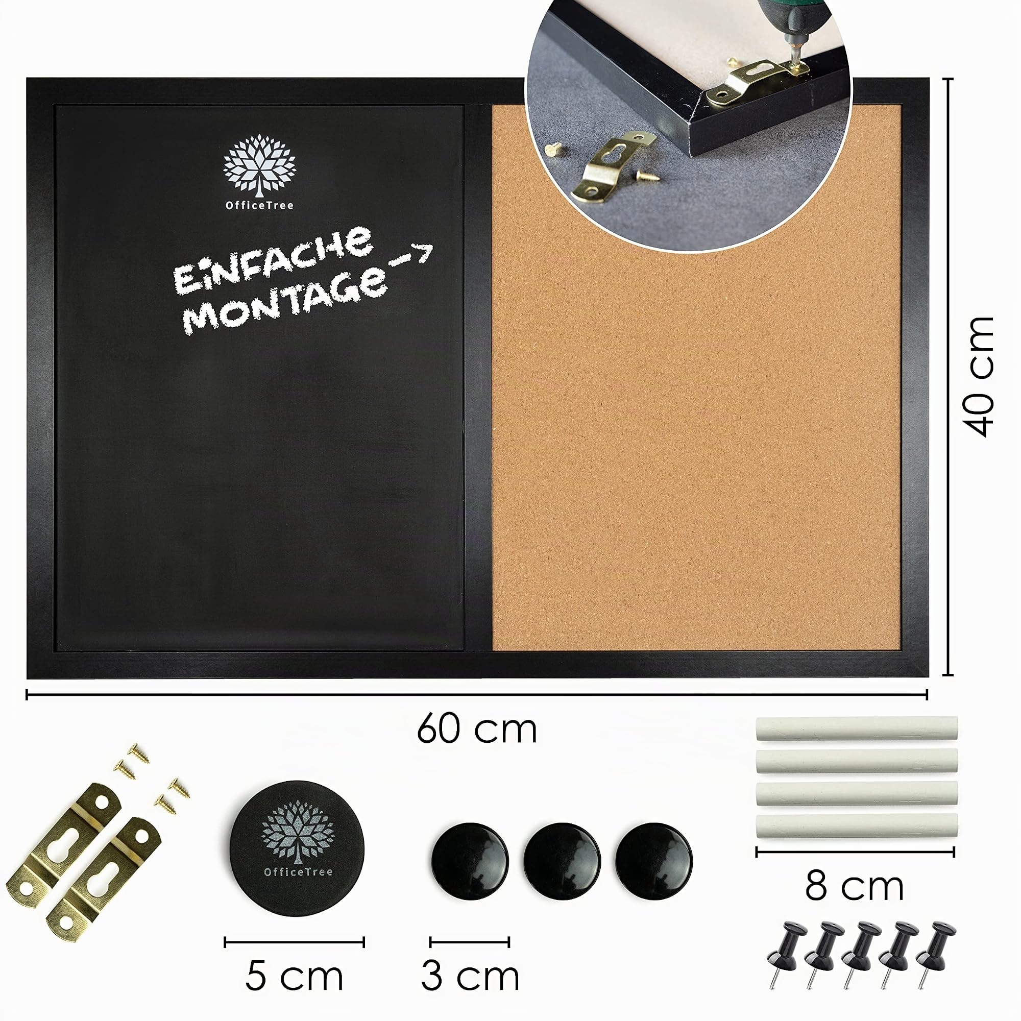 OfficeTree Kombitafel 60 x 40 cm - Magnettafel Küche mit Kreidetafel und Pinnwand Kork - To Do Tafel Küche - Notiztafel Magnetisch - Als Magnet Pinnwand mit Zubehör