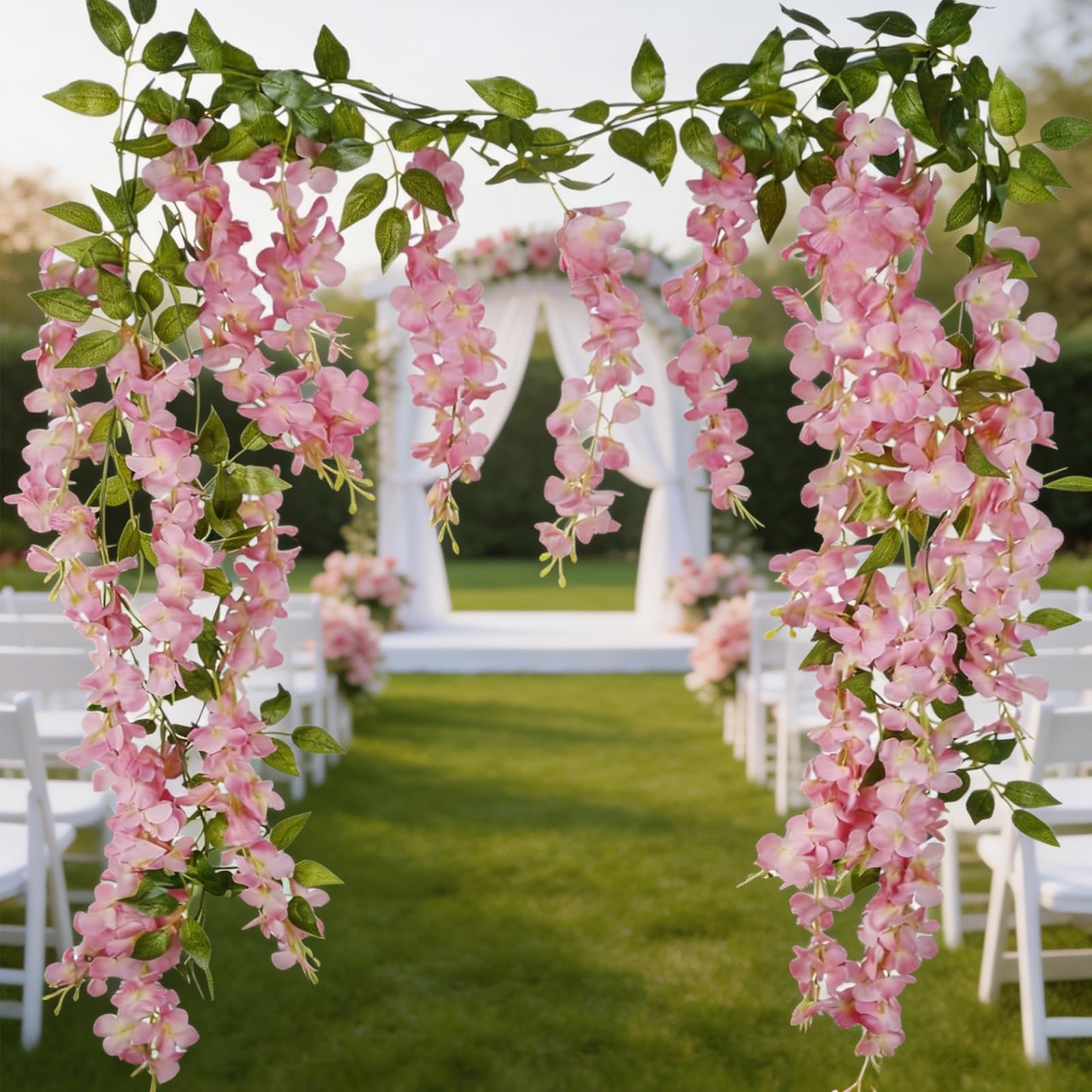 2 Pcs Pink Artificial Flowers Garlands, Wisteria Artificial Flowers, 180cm Fake Wisteria Hanging Vine, Lifelike Artificial Wisteria Plant, Faux Wisteria Garland for Wedding Home Garden and Decoration