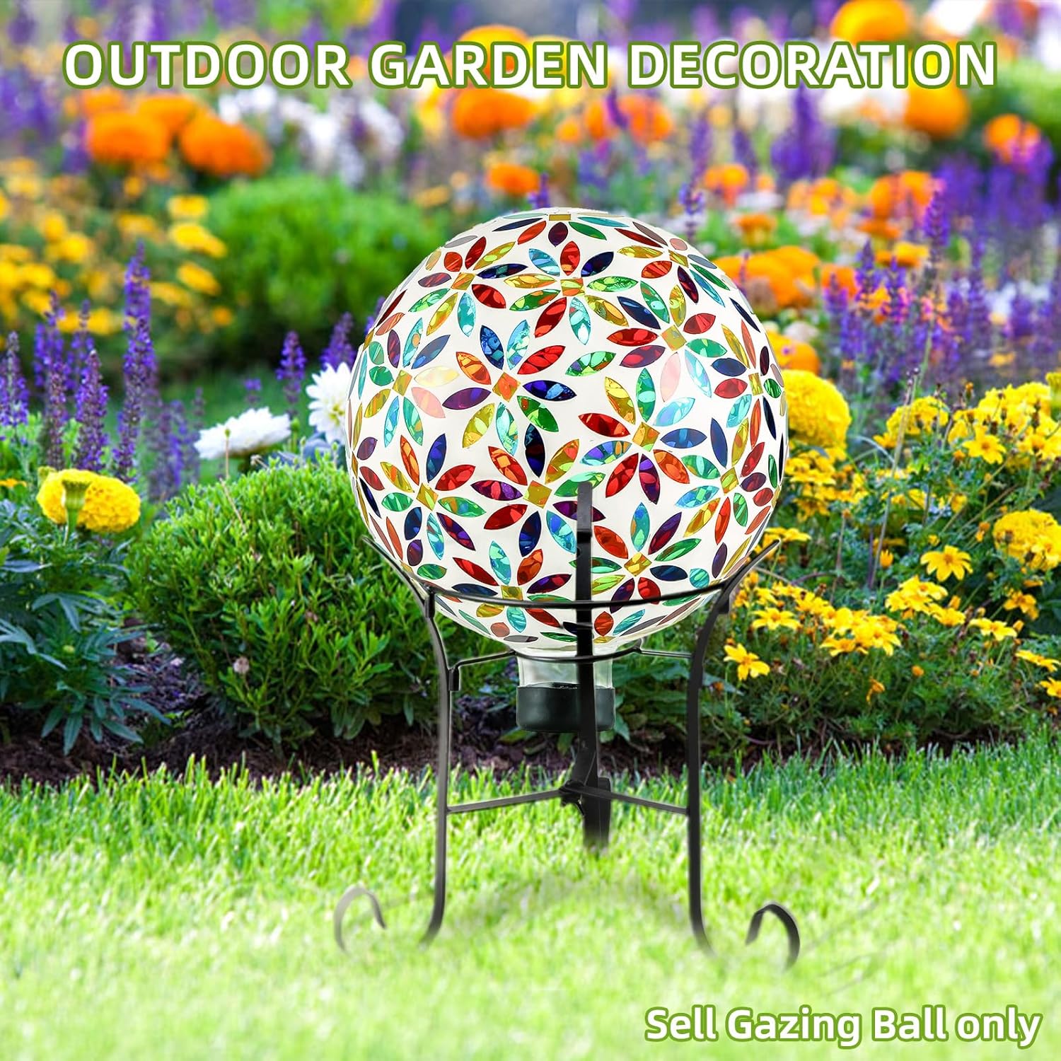 VOREEN Mosaic Glass Gazing Ball, Handmade Reflective Garden Globe for Outdoor Patio Lawn Yard Decor, 10" Multi-Colored Flower Pattern, Festive Decoration for Holiday Atmosphere