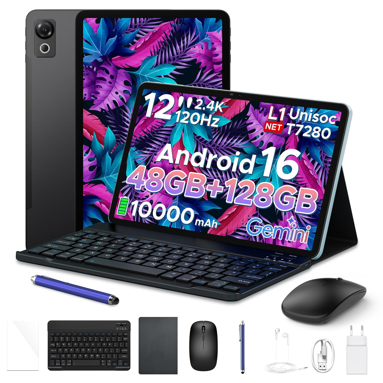P12 Tablet Android 16, Tablet 12 pulgadas, 48GB RAM+128GB ROM/2 TB TF, IPS 2,4K, Pantalla 120 Hz, 10000mAh/18W, T7280 Octa-core, 8MP+13MP, WiFi 5G, Gemini AI, Face ID, GPS, Tableta con Teclado, Negro