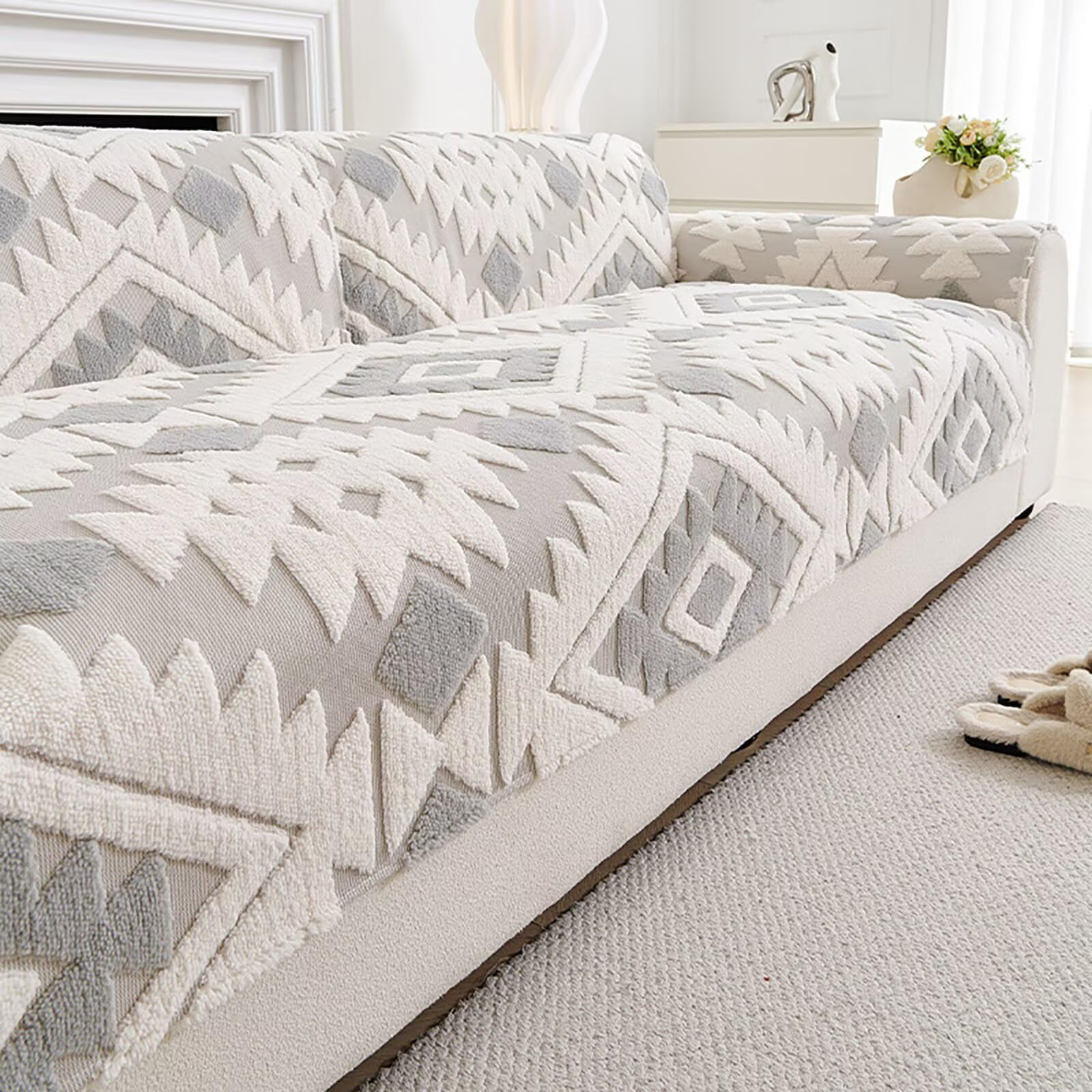 GuihcdknfuS Boho Sofa Cover, Soft Plush Non Slip Couch Cover, Settee Covers Washable, Sofa Slipcovers Pet Kid Friendly Furniture Protector for Living Room, light gray, 110 * 210cm