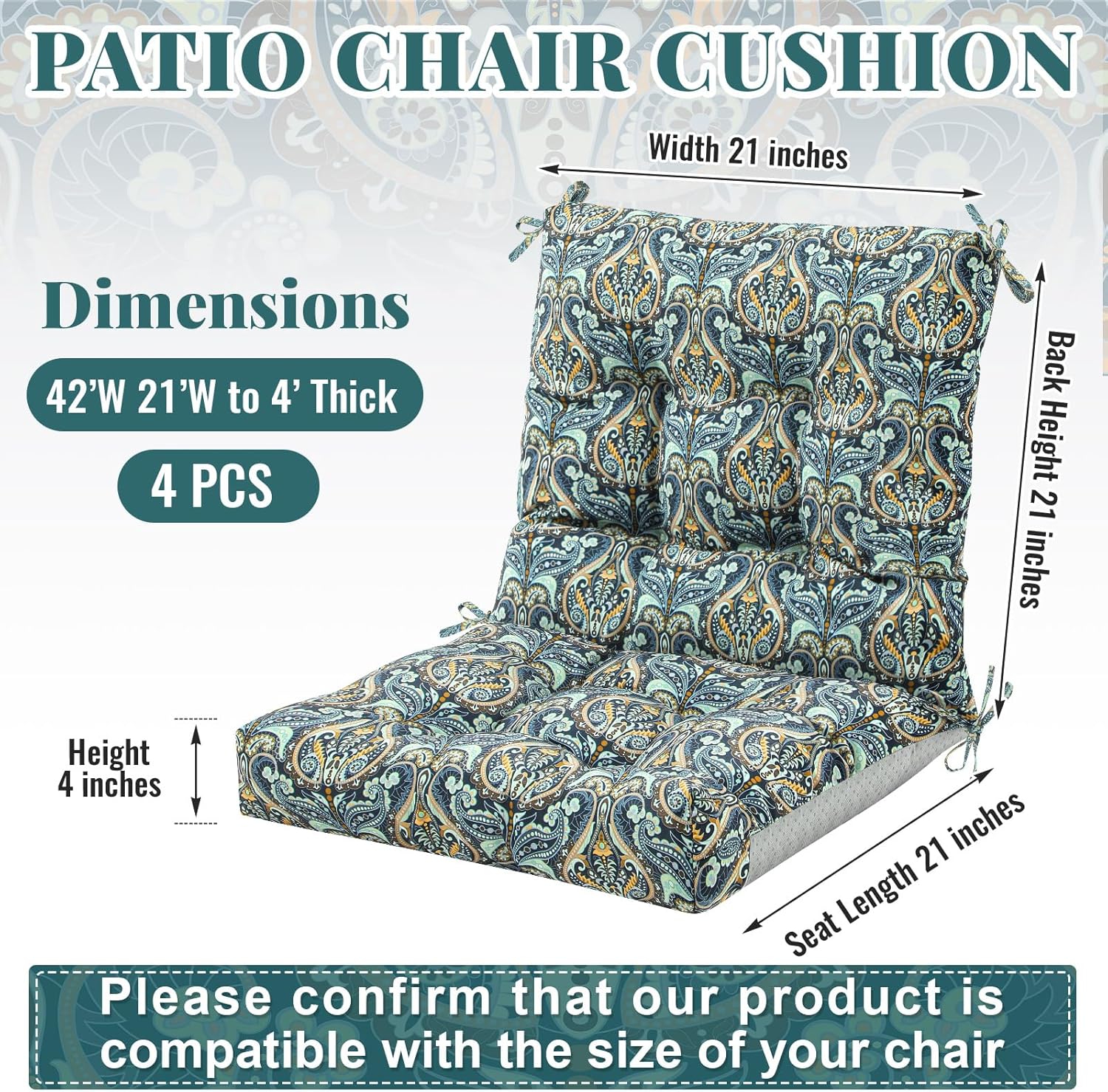 marsui 4 pcs outdoor indoor high back chair cushions patio furniture tufted pillow with ties water-resistant replacement outdoor rocking chair cushions, 42 x 21 inches (blue,paisley) 4 blue paisley