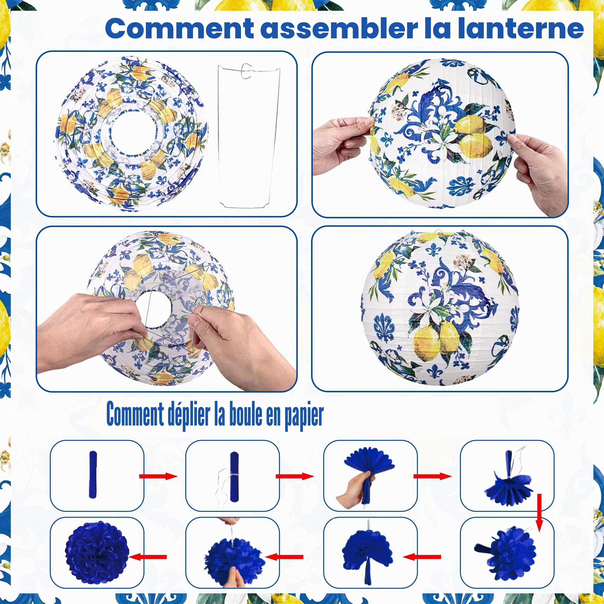 Lot de 15 lanternes en papier citron pour décorations de fête : côte amalfitaine Capri jaune et bleu Carreaux méditerranéens à suspendre pour fête prénuptiale, anniversaire, mariage – Style 2