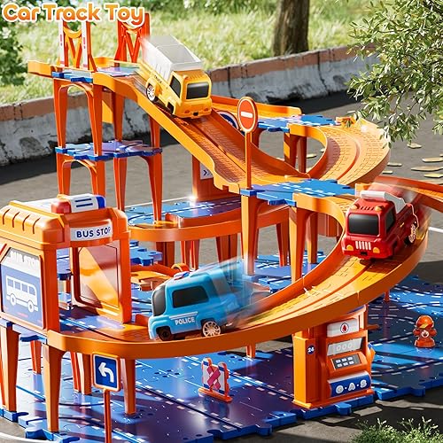 Miniatura 2 de Puzzle Racer - Juego de pistas de autos para niños, pistas de carreras de 4 niveles para niños de 3 a 5 años con 3 autos, piezas de tráfico,