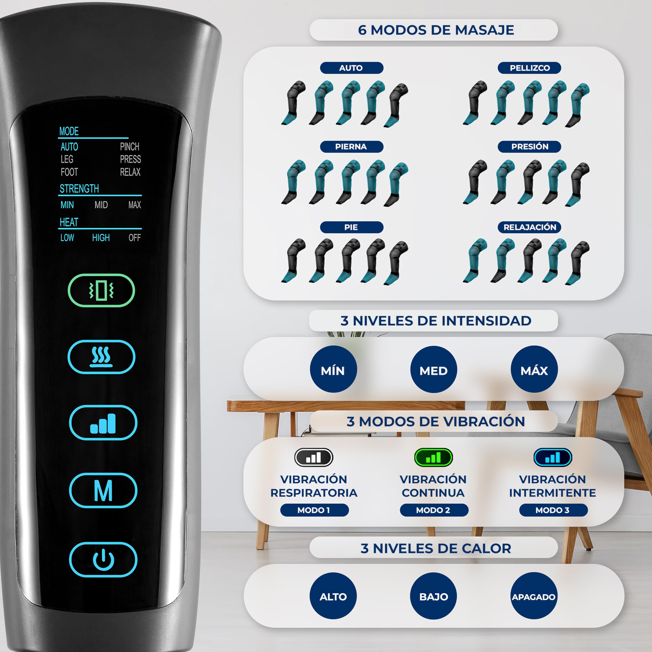 SereneLife masajeador de piernas completo, Presoterapia con compresión de aire y calor en rodillas y pantorrillas, 11 airbags, 6 modos, 3 niveles, 2 bolsas de hielo, Controlador inteligente