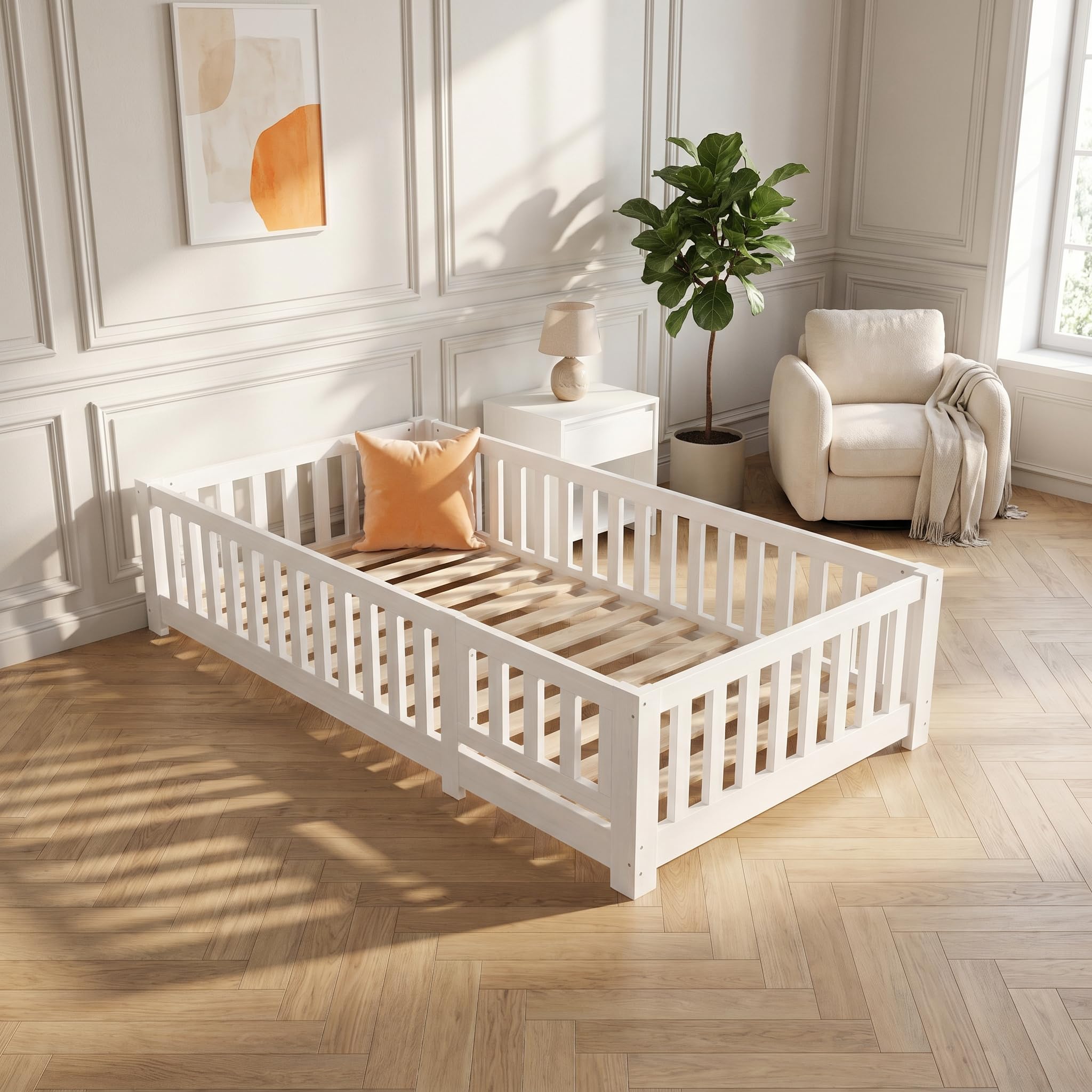 Łóżko dziecięce 90 x 200 cm z ogrodzeniem i drzwiami, łóżko podłogowe Montessori z ochroną i stelażem, drewniane łóżko do pokoju dziecięcego, łóżko pojedyncze dla chłopców i dziewcząt