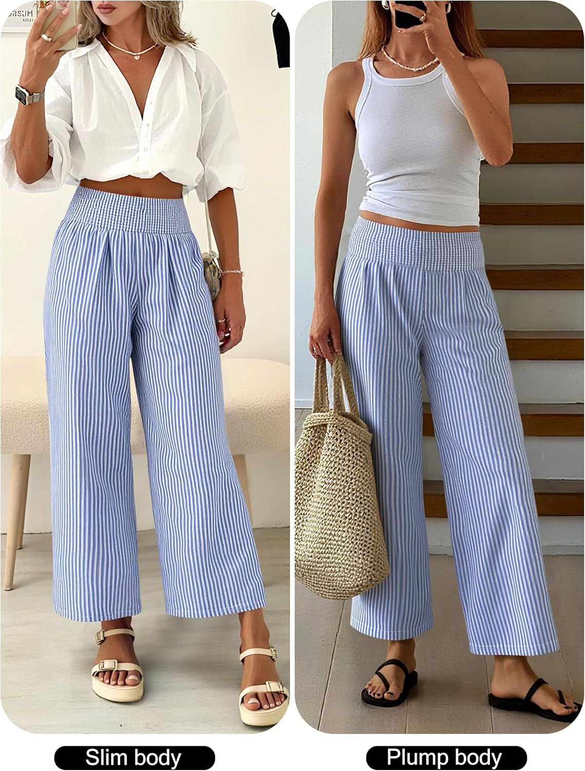ANRABESS Women Striped Gingham Wide Leg Palazzo Pants Casual Lounge Cropped PJ Bottoms Comfy Cute Plaid Pants with Pockets - Image 6