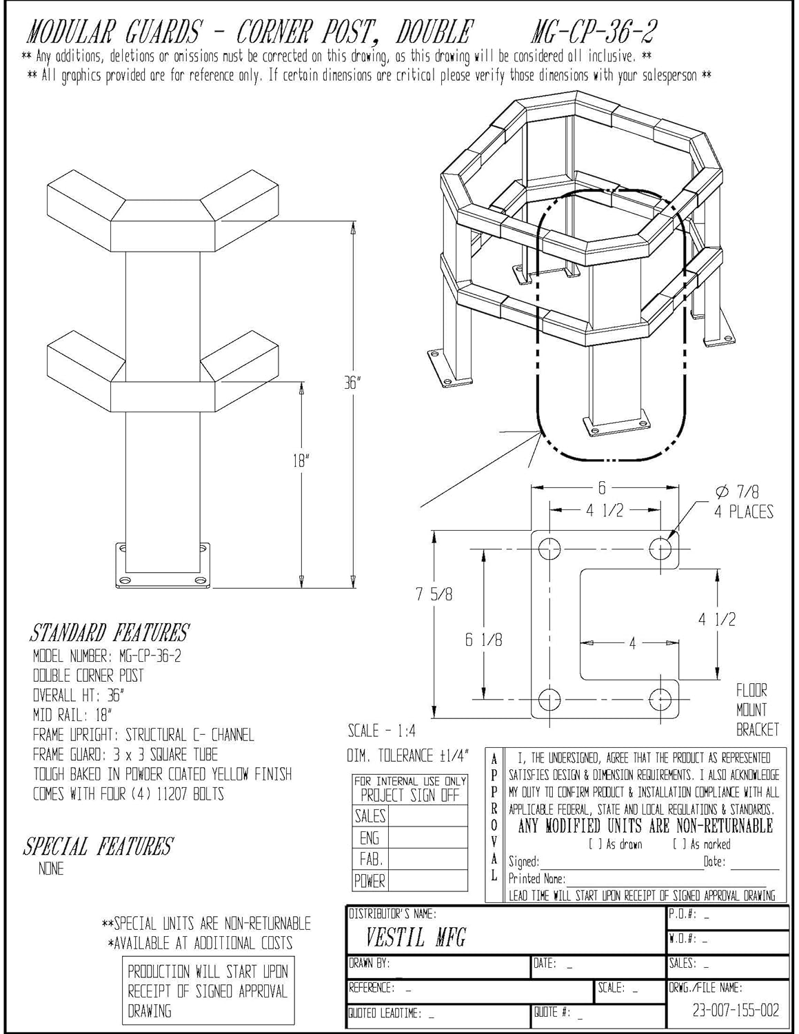 Vestil MG-CP-36-2 Steel Modular Guard System Corner Post 2 Rail 7-5/8 in. x 6 in. x 36 in. Yellow