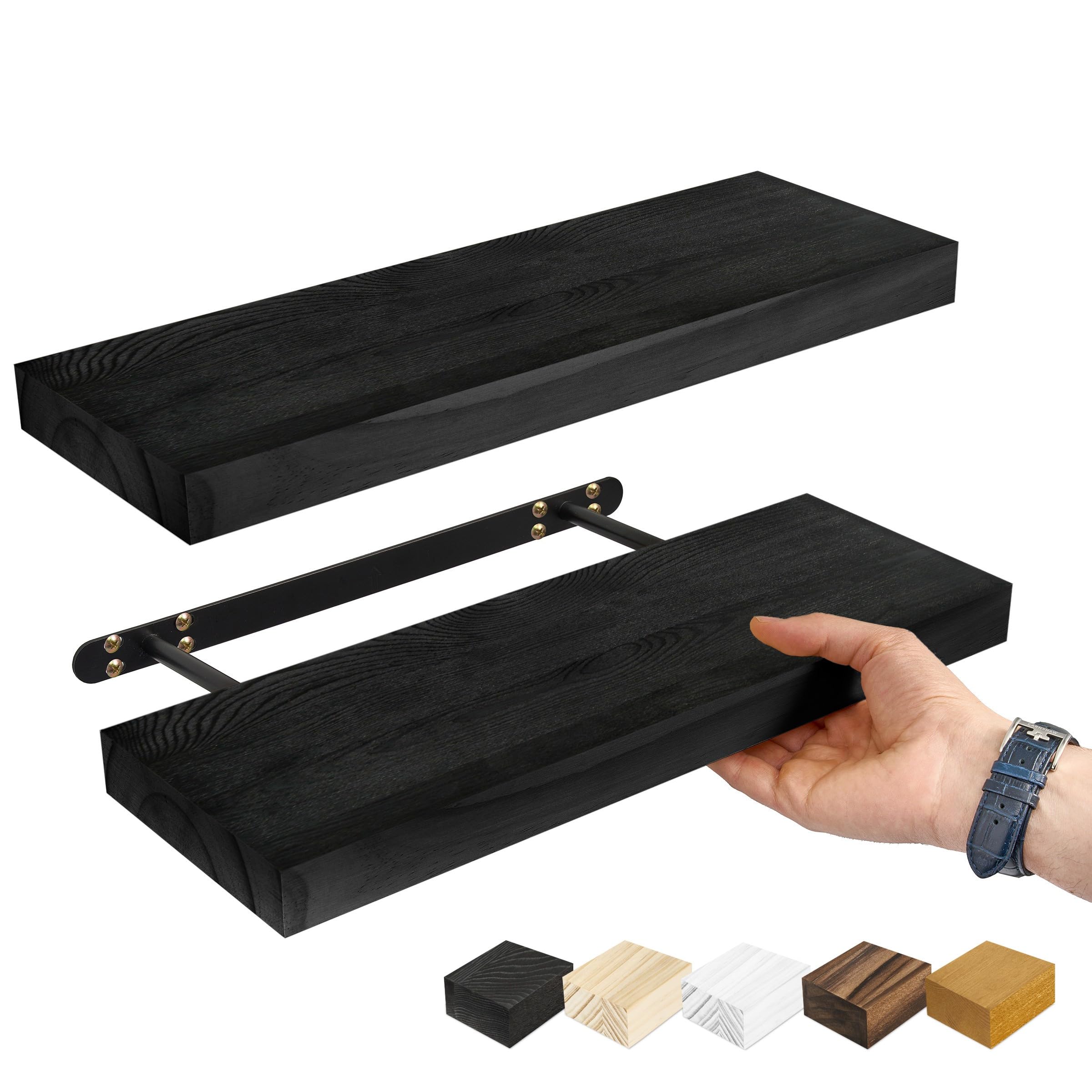 Sorbus 16" Solid Wood Floating Shelves - Set of 2 Black Wall Mounted Kitchen Shelves - Durable Pine Wood