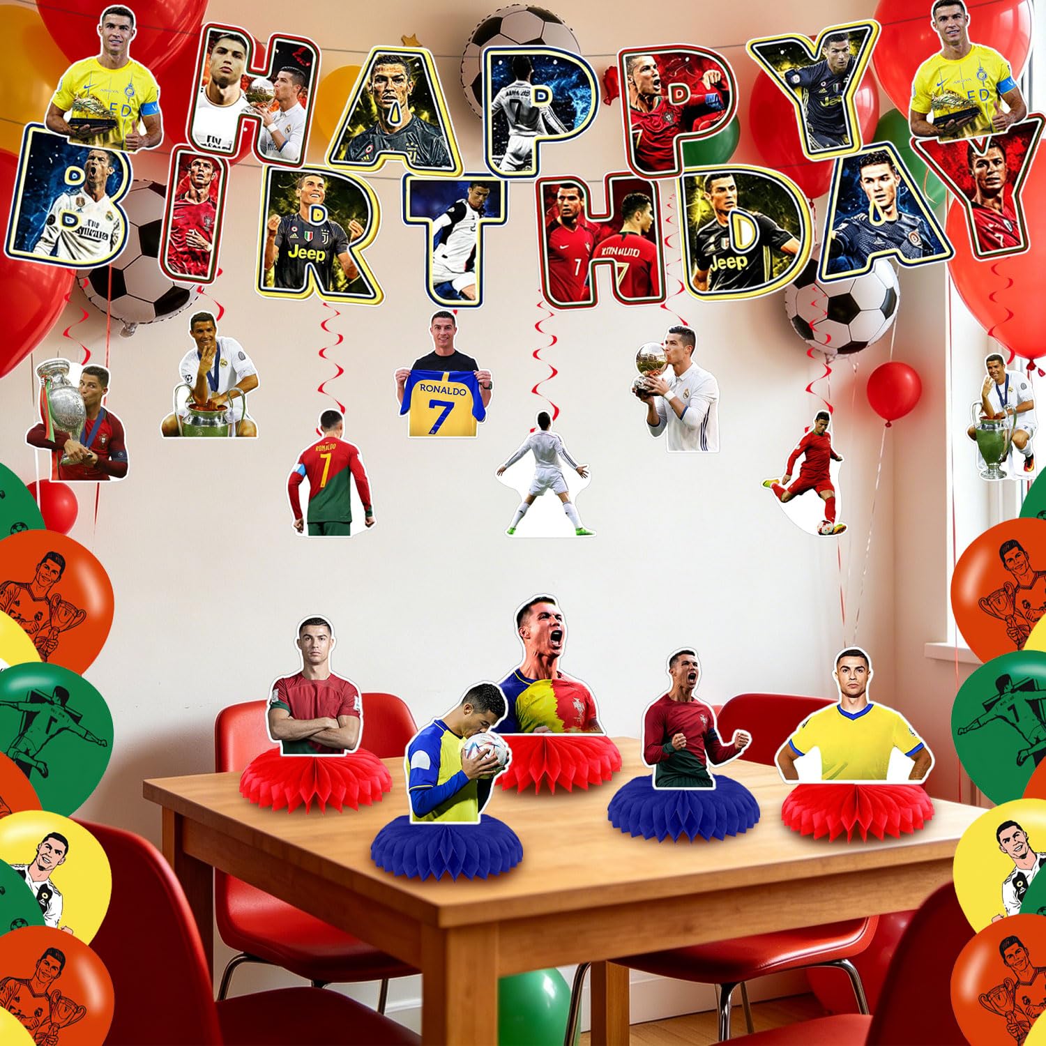 Décoration d'anniversaire Ronaldo avec bannière, tourbillons, centres de table, ballons en latex pour fête sportive