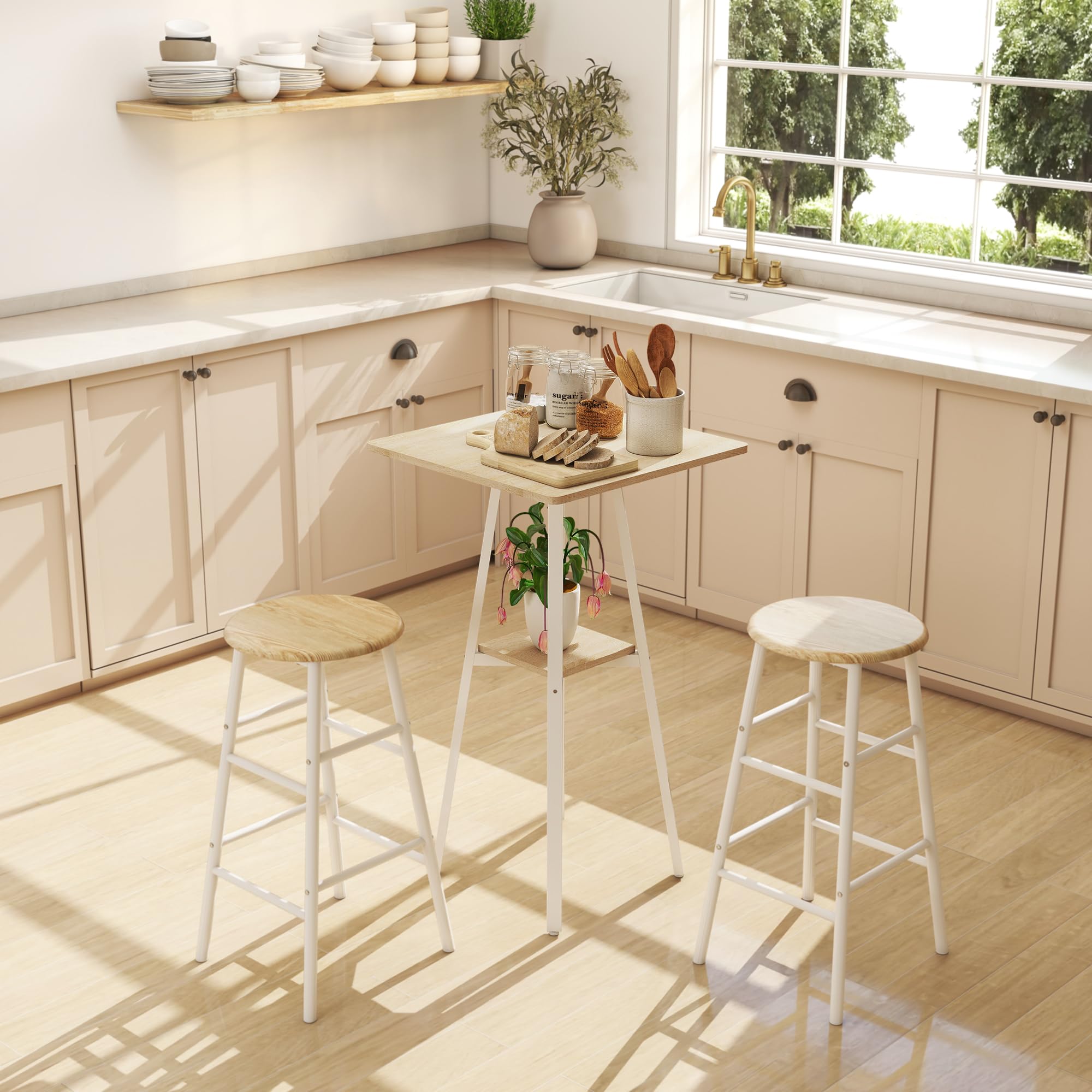 HOMCOM Table de Bar carrée pour 2 Personnes, 55 x 55 x 95 cm, Table Haute Cuisine Mange-Debout avec étagère de Rangement, Cadre en métal, pour Cuisine, Salon, Bois Naturel et Blanc
