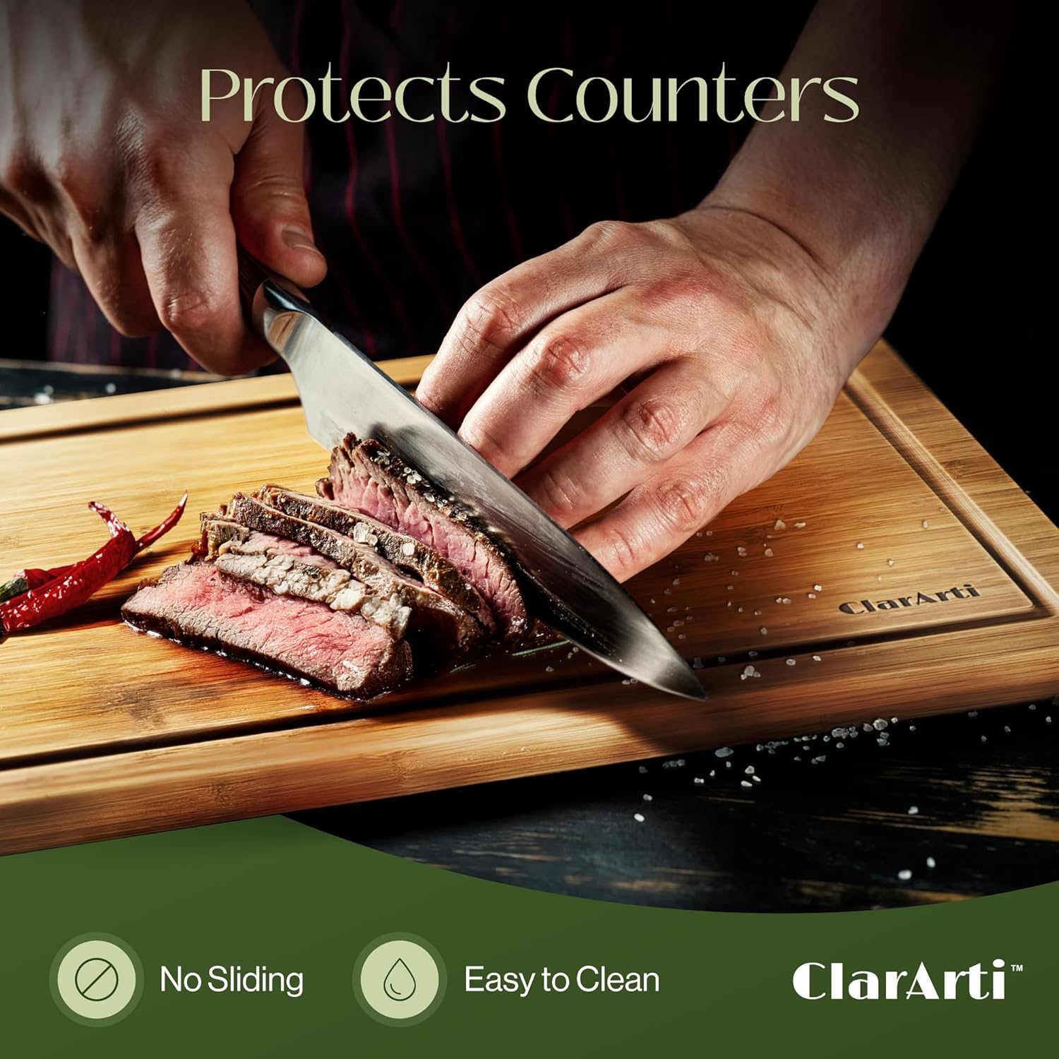 Bamboo Cutting Boards for Kitchen – Set of 3 Non-Slip Wood Cutting Boards with Juice Groove – Thick Organic Bamboo Chopping Board Set for Meat, Vegetables & Meal Prep