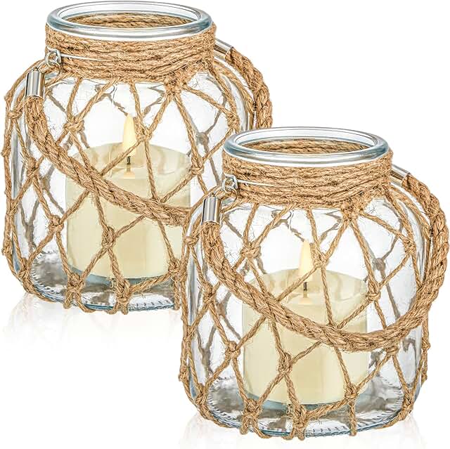 2 Set Nautical Candle Lantern with Rope Handle Coastal Glass Jar Battery...