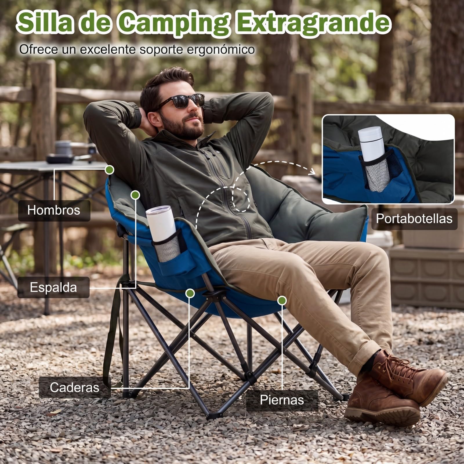 COSTWAY Silla Camping Plegable XXL, Sillón Aclchado Grande, Estructura Metálica, Portavasos, Bolsa de Transporte, Silla Exterior Portátil Playa Picnic Pesca, Carga 227 kg, 74 x 90 x 99 cm (Verde)