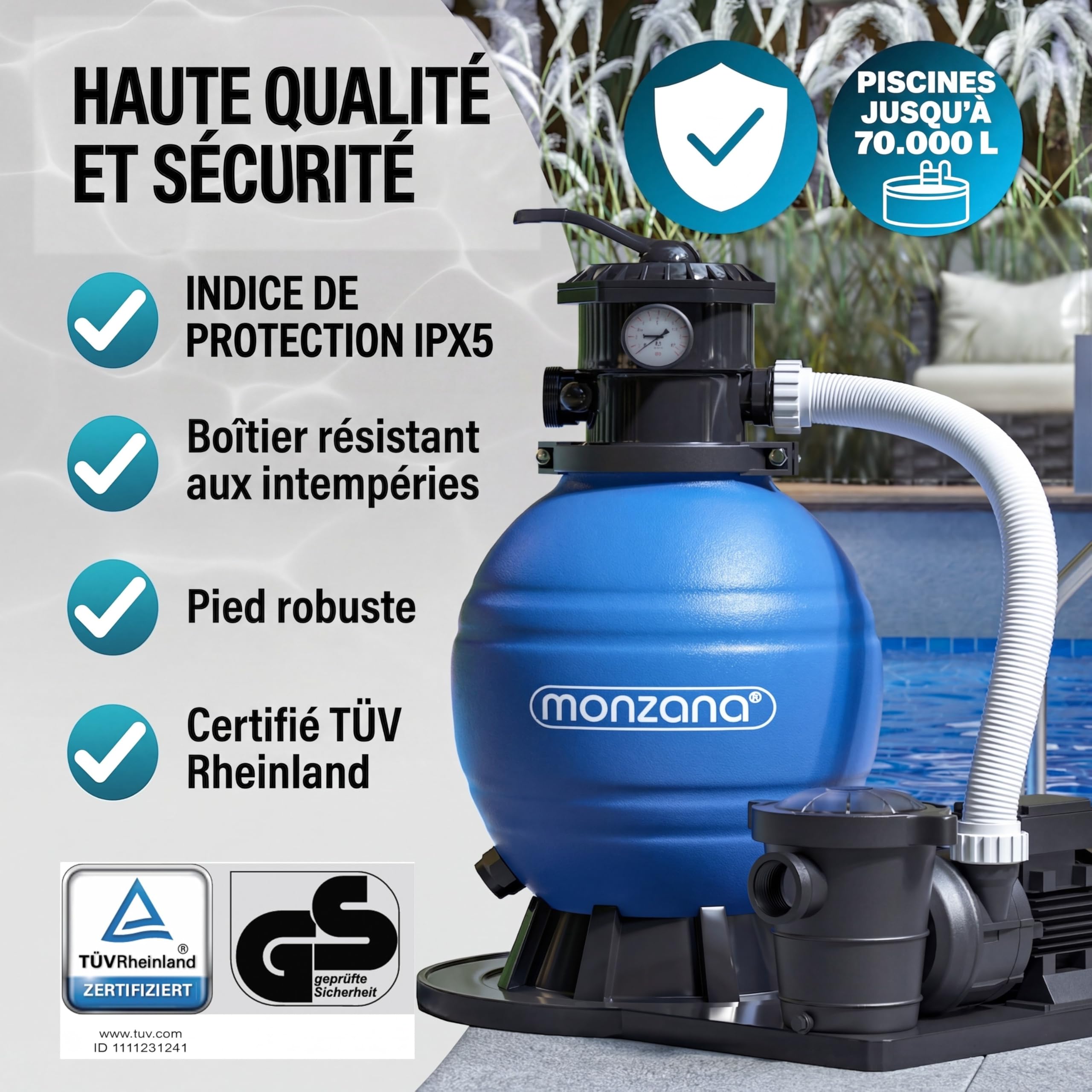 MONZANA® Pompe filtre à sable 15,9 m³ auto-amorçante pour piscines jusqu'à 70 m³ certifié TÜV vanne 7 voies raccord 2en1 Ø32-38mm système de filtration à sable