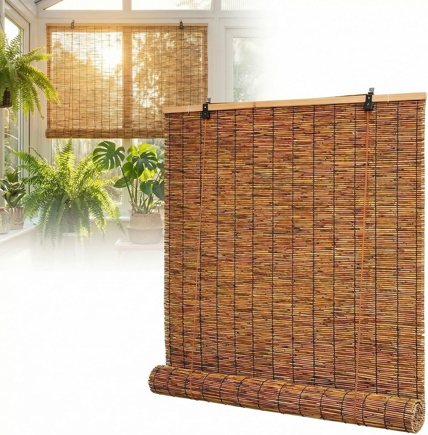 Bamboo Shades for Outdoor Patio Roll up Blinds, Light Filtering Bamboo Roller Shades 34" 48" 60" 72" Reed Blind Retro Roman Shades, Cordless Breathable Privacy Screen(Carbonized,48" W x 64" H)
