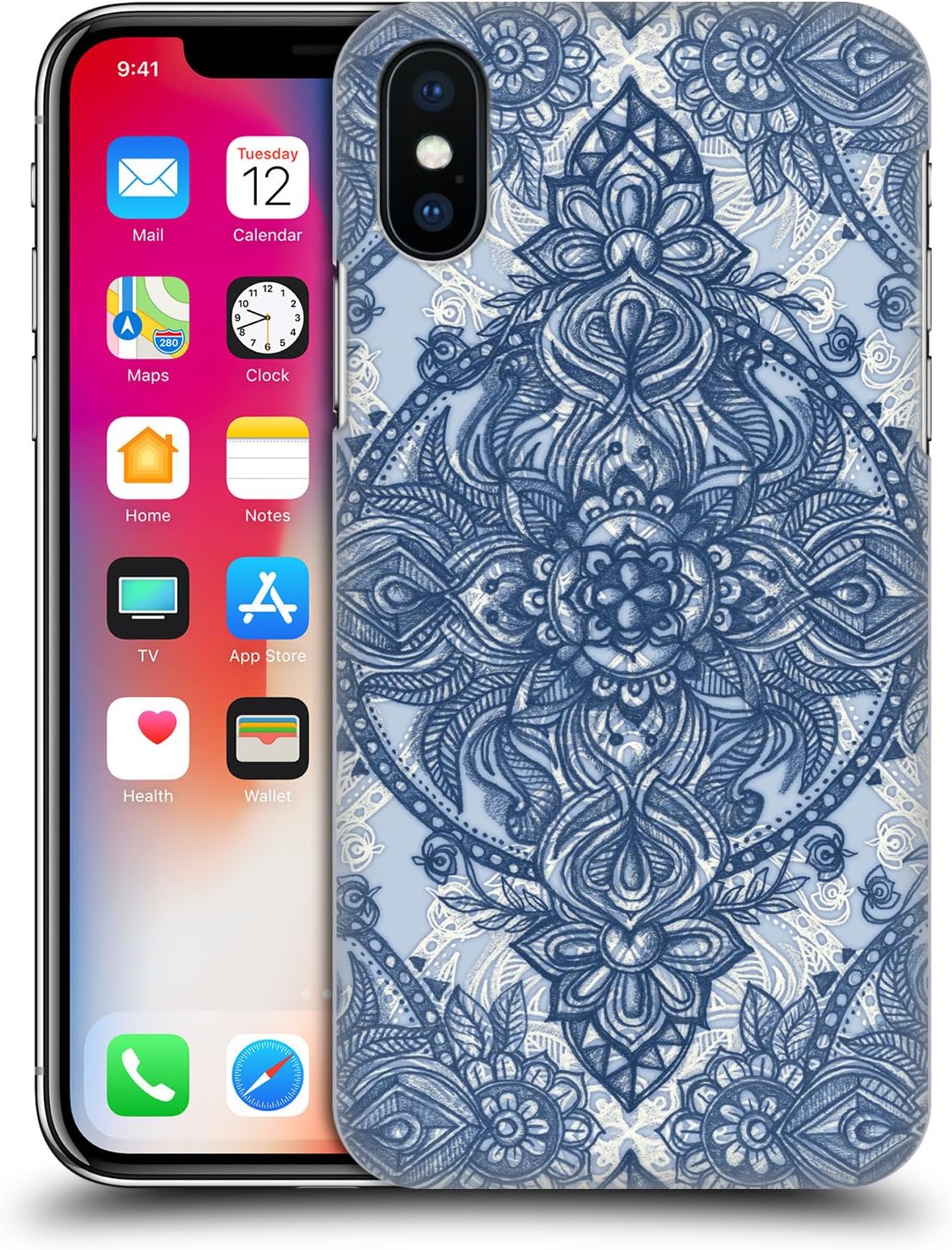 Head Case Designs Officially Licensed Micklyn Le Feuvre Denim Blue Lace Pencil Doodle Mandala 3 Hard Back Case Compatible with Apple iPhone X/iPhone Xs