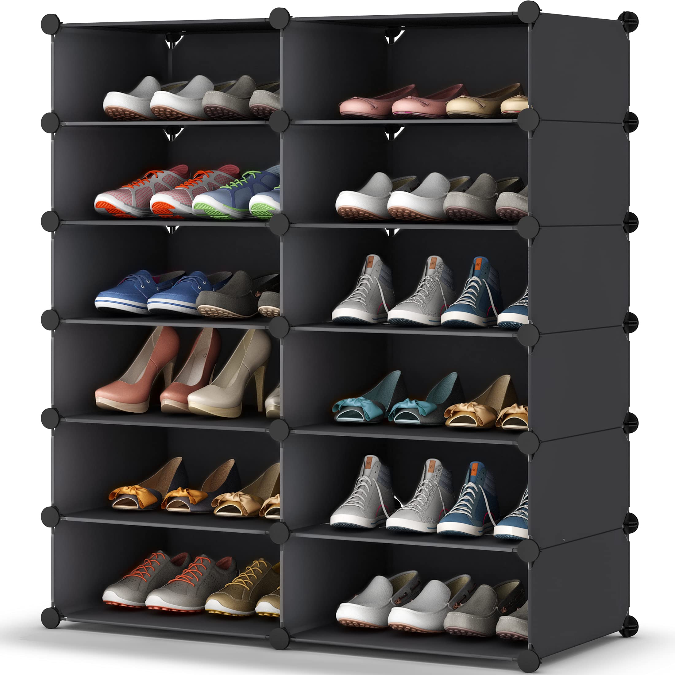 A fully assembled HOMIDEC shoe rack filled with various pairs of shoes and a handbag hanging on the side hooks, placed in an entryway.