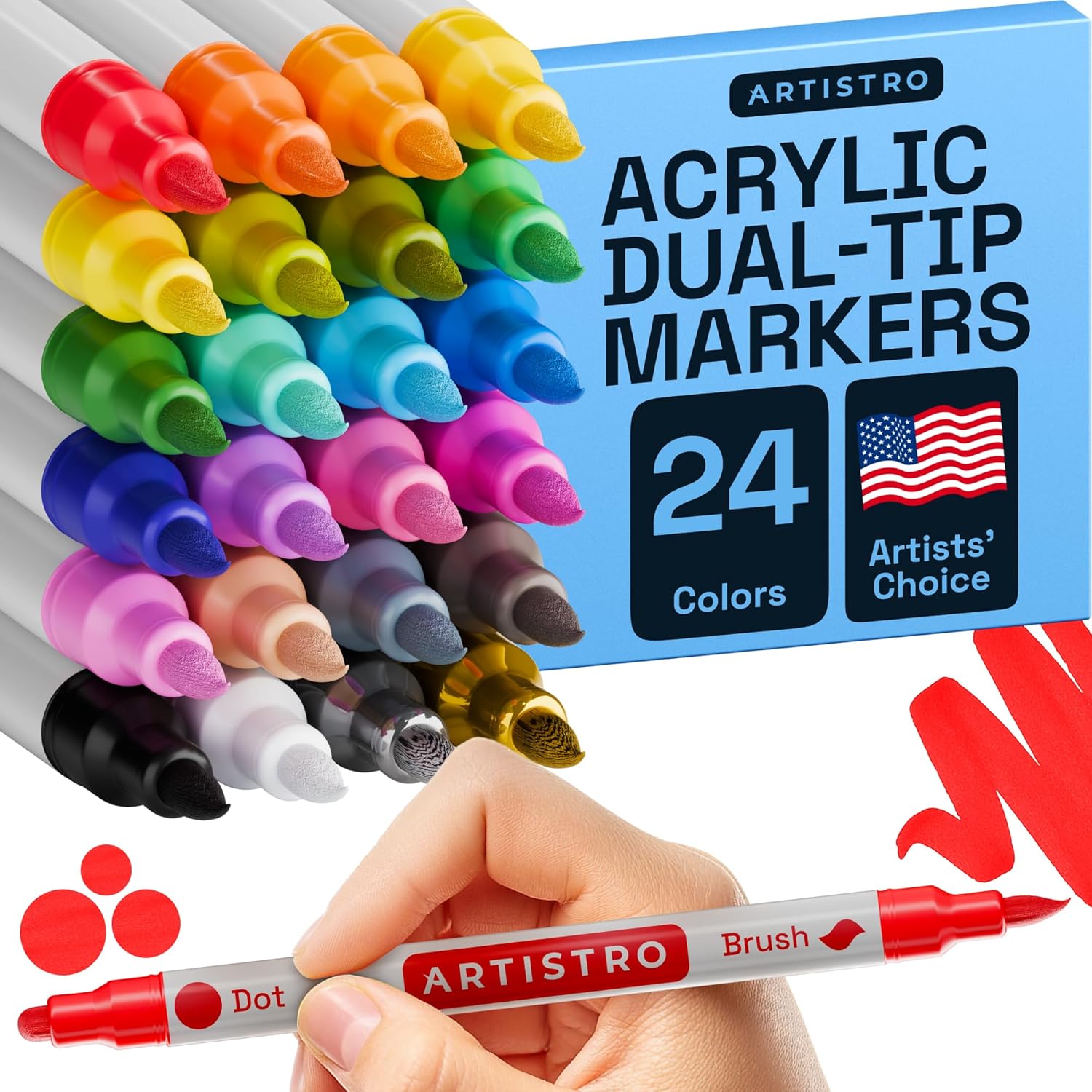 ARTISTRO 24 Acrylic Paint Markers for Fabric, Rocks, Paper, Wood, Canvas, Glass, DIY - Safe for Kids Dual Tip Acrylic Paint Pens (Dual Tip Dot + Brush, 24) 24 Dual Tip Dot + Brush