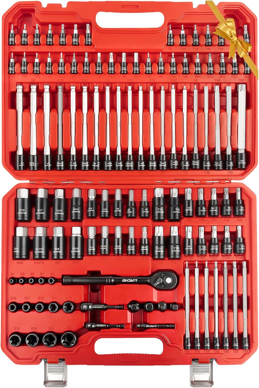 LLNDEI 115-Piece Torx & Allen Bit Socket Set, 1/4",3/8"and 1/2" Drive, Extra Long Torx//Tamper Proof Torx/Hex/Ball End Hex Socket Set, S2 Steel, SAE/Metric, with Ratchet Wrench & Adapters
