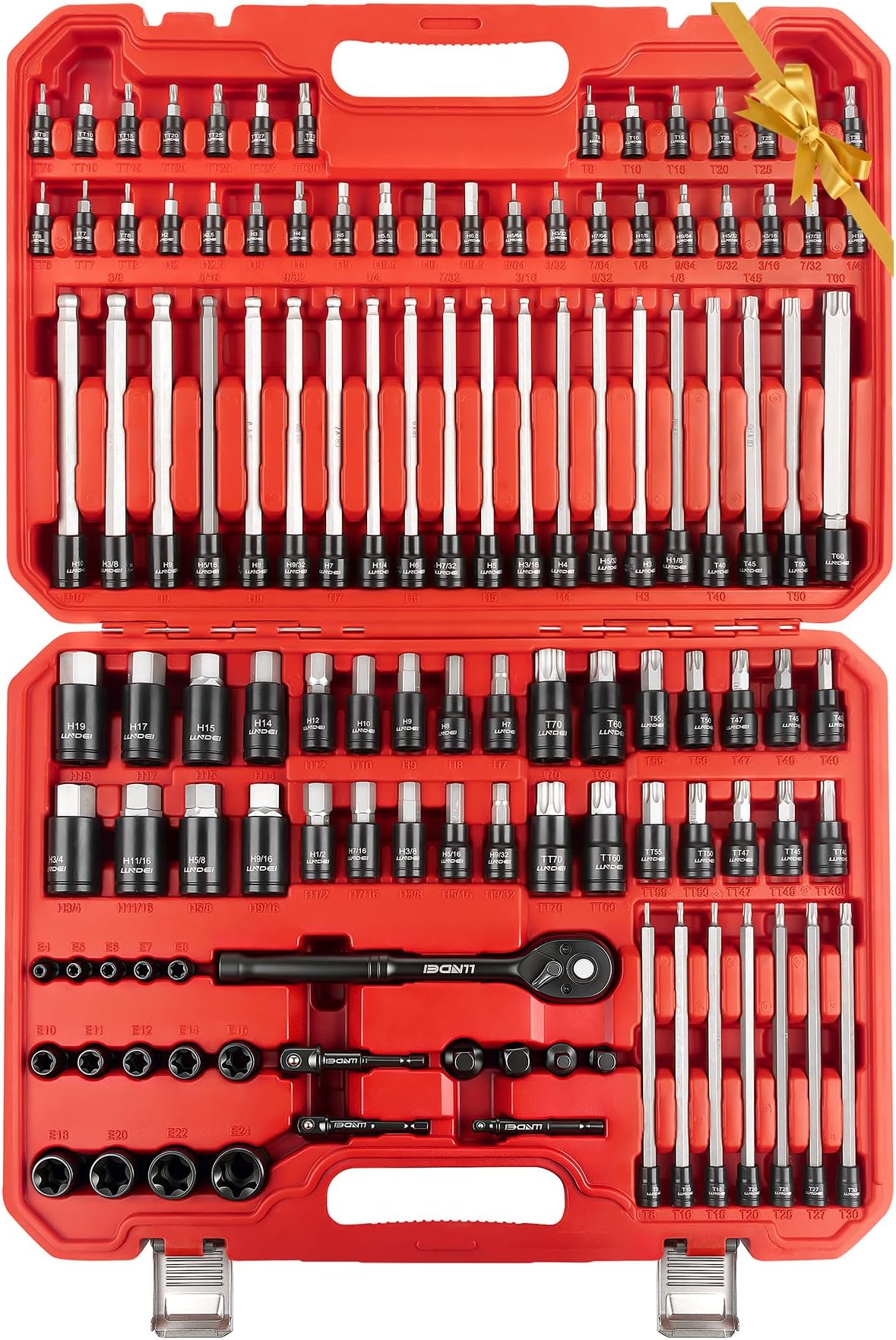 LLNDEI 115-Piece Torx & Allen Bit Socket Set, 1/4",3/8"and 1/2" Drive, Extra Long Torx//Tamper Proof Torx/Hex/Ball End Hex Socket Set, S2 Steel, SAE/Metric, with Ratchet Wrench & Adapters