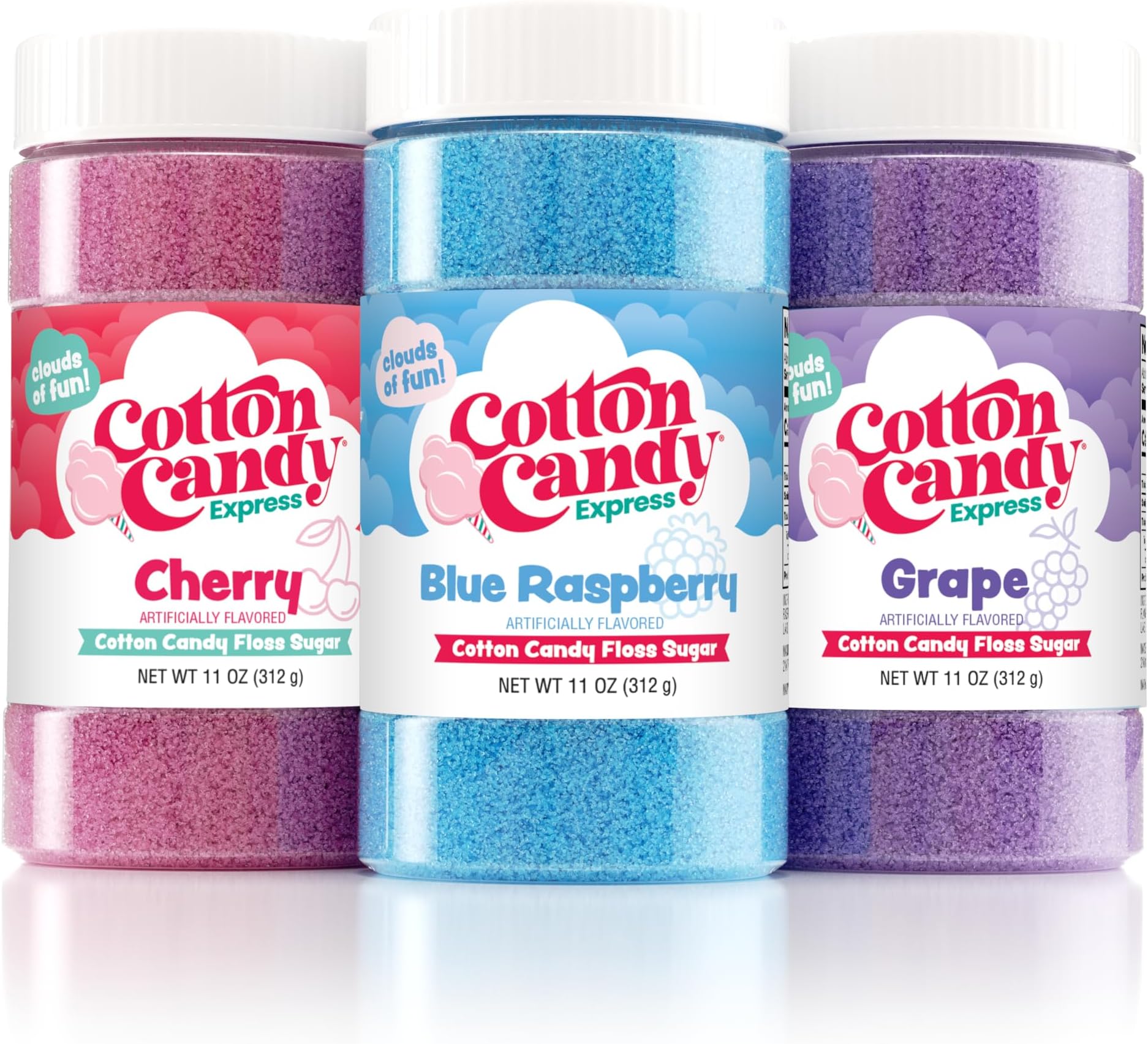 Floss Sugar Variety Pack with 3-11oz Plastic Jars of Cherry, Blue Raspberry & Grape Flossing Sugars. Use With Cotton Candy Express Countertop Machine