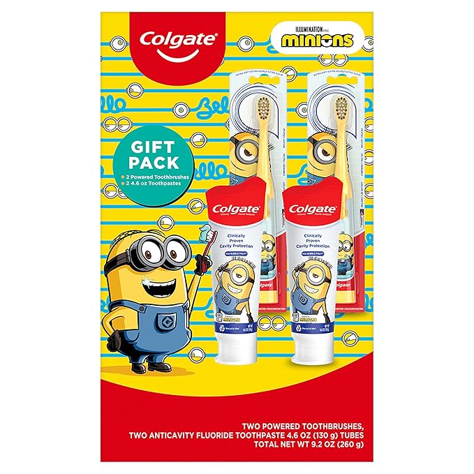 Colgate Kids Toothbrush Set with Toothpaste, Minions Toothbrush Gift Set, 2 Battery