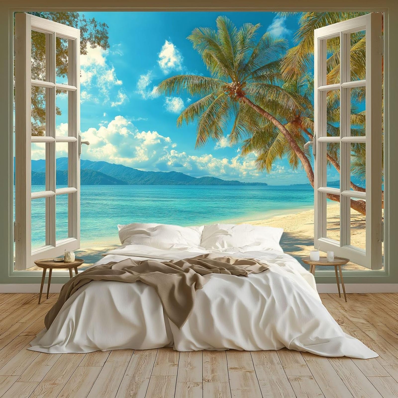 hgjdjhnf Art Photo Wallpaper Non-Woven Wallpaper Sea View Window Palm Trees Wall Bedroom Living Room Blue,200cmx140cm Stickers - Frameless Painting - Poster