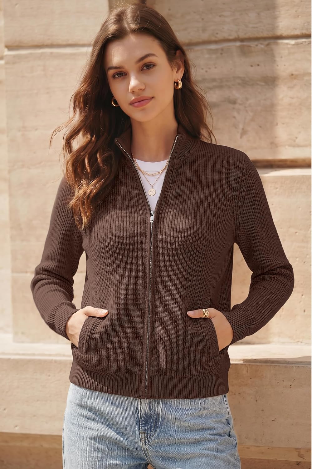 Arach&Cloz Women's Wool Blend Mock Neck Zip Up Fall Work Cardigan Sweaters image 2