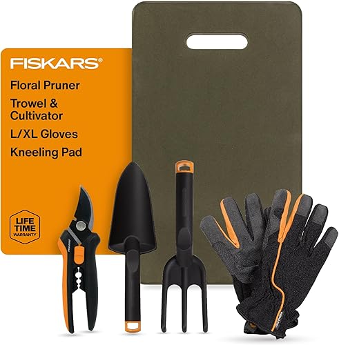 Fiskars Juego de herramientas de jardinería de flores con podadora floral, paleta, cultivador, guantes de jardín y cojín ultraligero para uso al