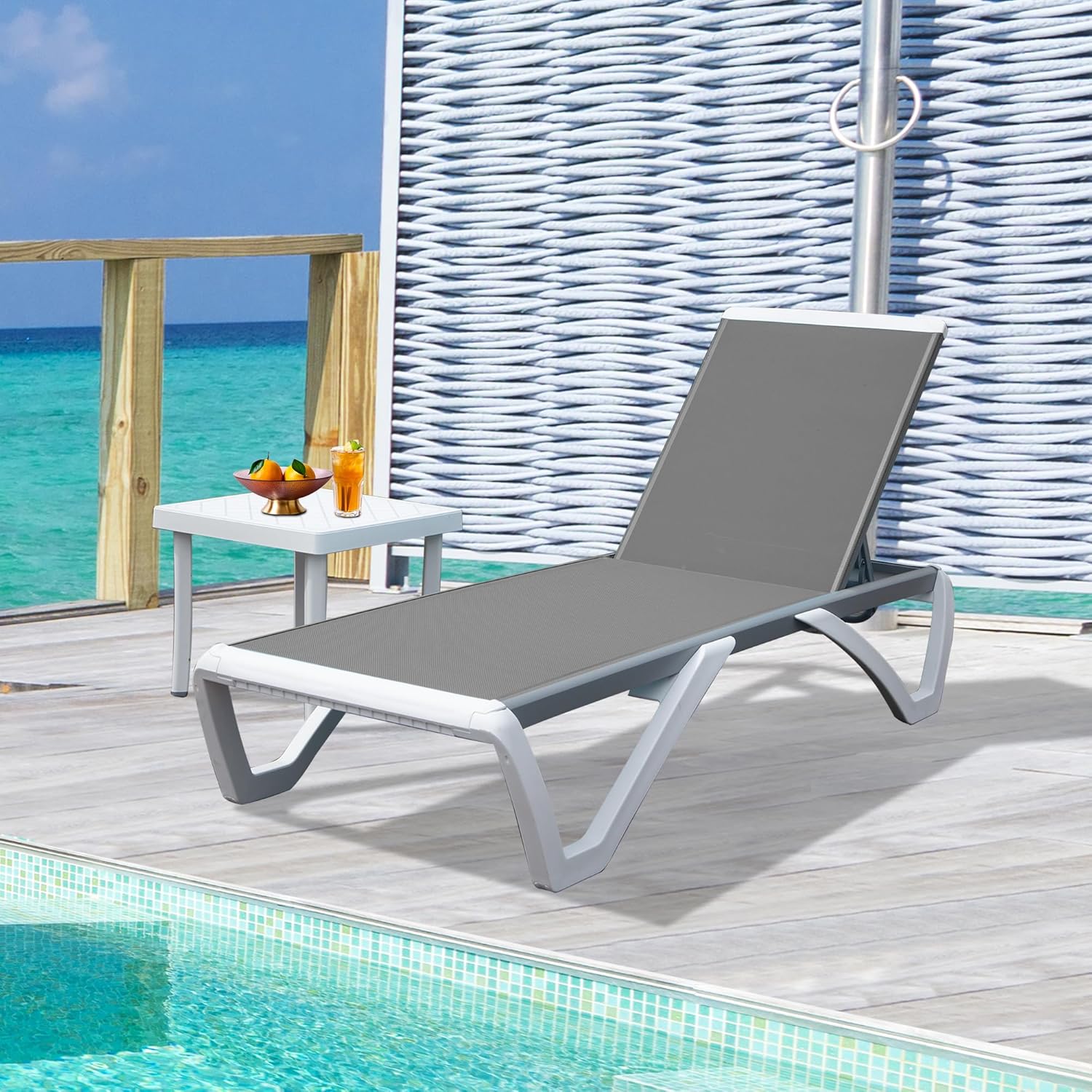 Domi Outdoor Chaise Lounge Chair, Aluminum Patio Lounge Chair with 5 Position Adjustable Backrest and Side Table, for Poolside, Beach, Yard(1 Grey Chair W/Table)