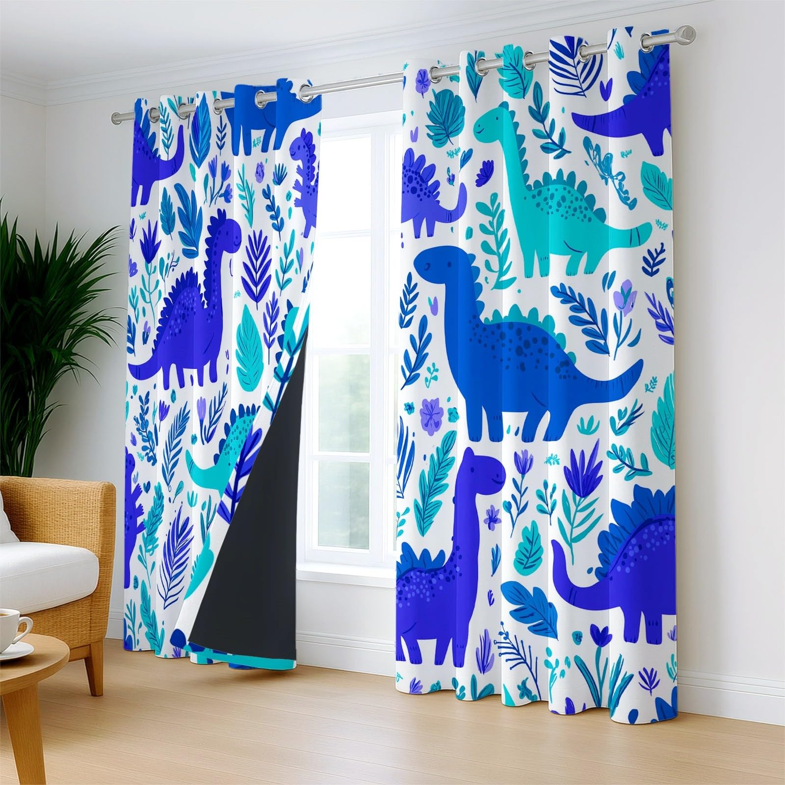 Cortina opaca con diseño de dibujos animados de animales, reducción de ruido, cortinas opacas con ojales, diseño de hojas de dinosaurio, para salón, dormitorio, habitación infantil, decoración, 140 x