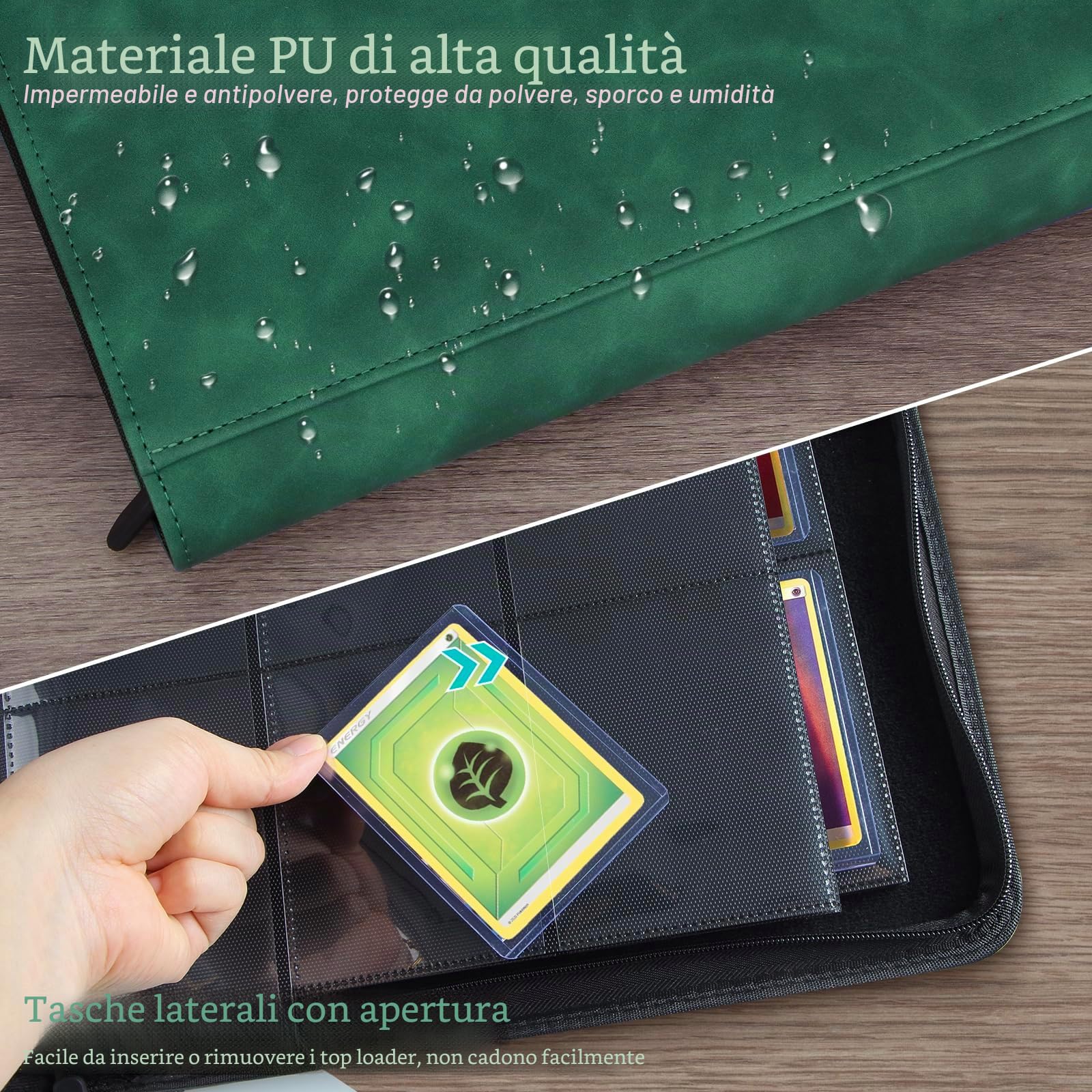 Raccoglitore Carte, Album Top Loader Card Binder Contiene 252 Top Loaders, 9 Tasche, Raccoglitori Carte Collezionabili per Carta YGO/MTG/TCG, Verde Scuro (Non per carte SENZA un Top Loader)