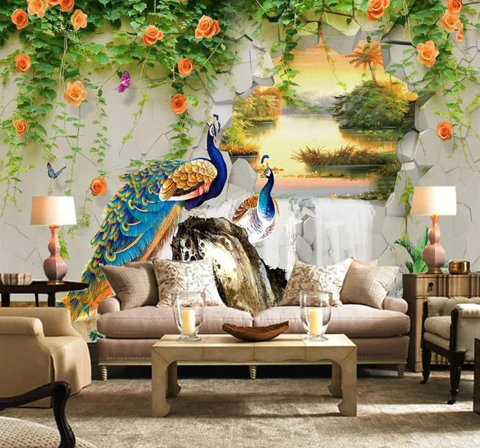 XLMING Three Dimensional Peacock Vines Landscape Scenery 3D Wallpaper Luxury Home Dining Decor Paste Sofa Living Room The Wall for Bedroom Mural-300cm×210cm