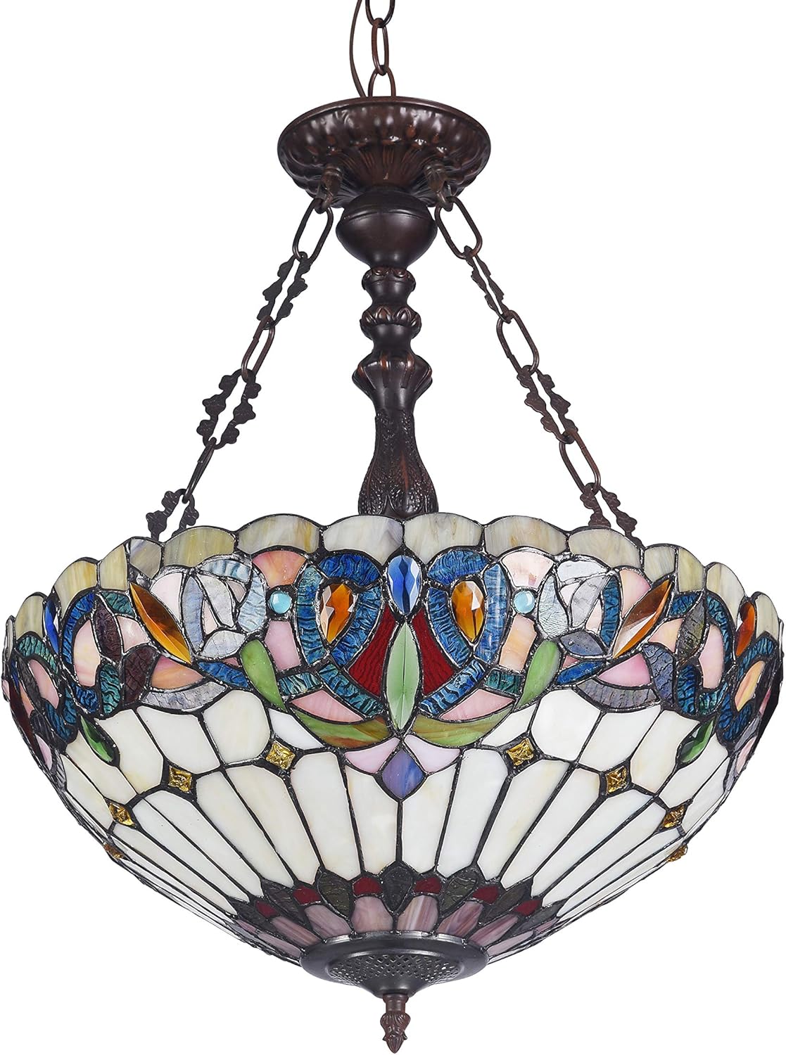 Chloe Lighting Serenity Tiffany-Style 3 Light Victorian Inverted Ceiling Pendant 18" Shade, Multicolor