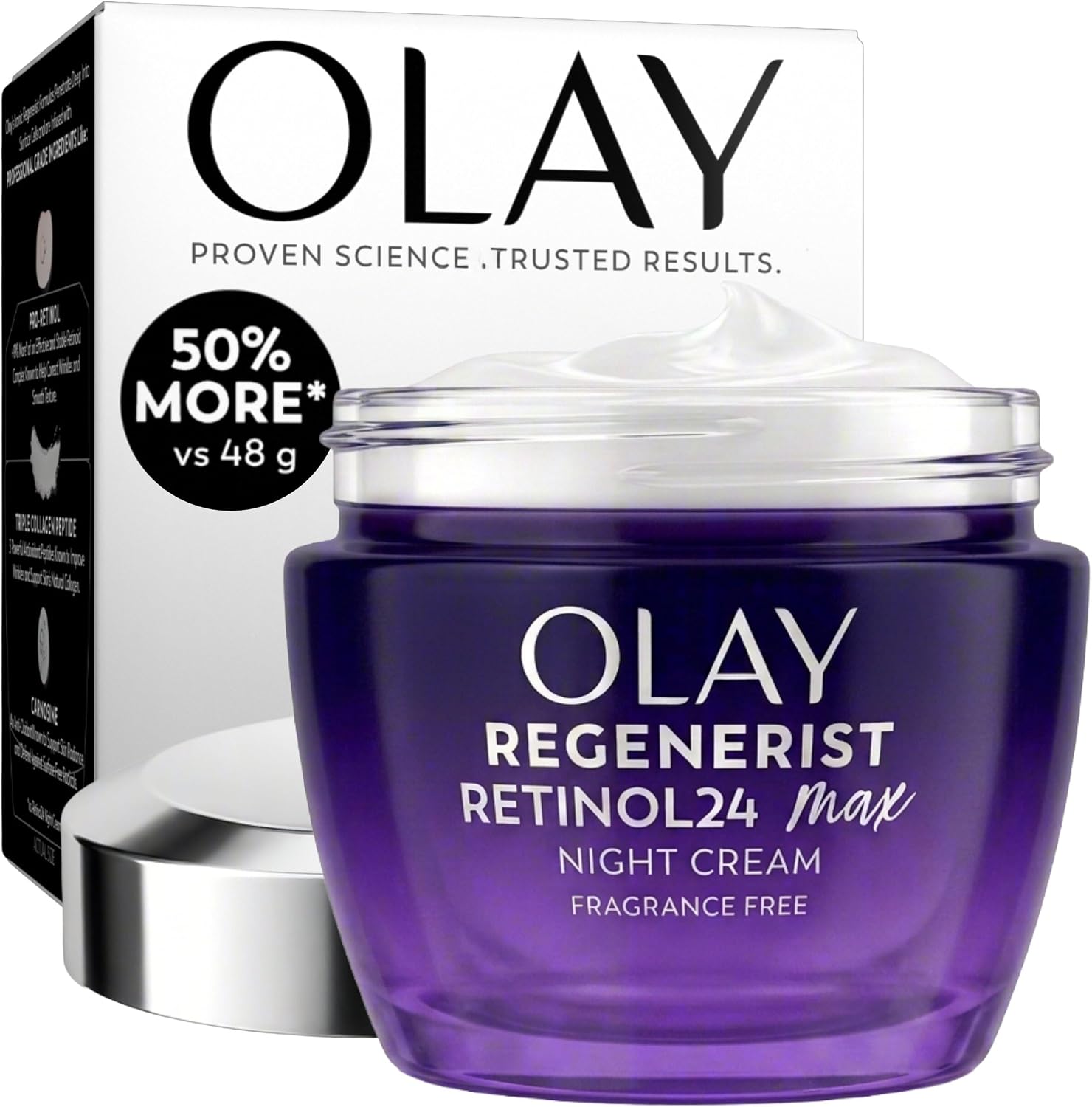 Olay Retinol Night Cream for Women, MAX, Anti-Aging Face Mousturizer, Fragrance-Free, Non Greasy - Anti-Wrinkle, Smooth Fine Lines, Hydrating Skin Care - Triple Collagen Cream, Niacinamide, 2.6oz