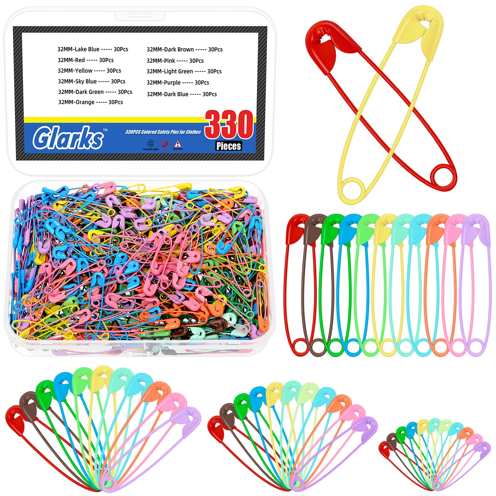 Glarks 330pcs 6.8 x 32mm Multicolored Sharp Edge Safety Pin Kit, 11 Colors Metal Safety Pins, Heavy Duty Safety Pins Bulk, Fastening Safety Pin Clips for Clothes Tags, Crafting, Sewing