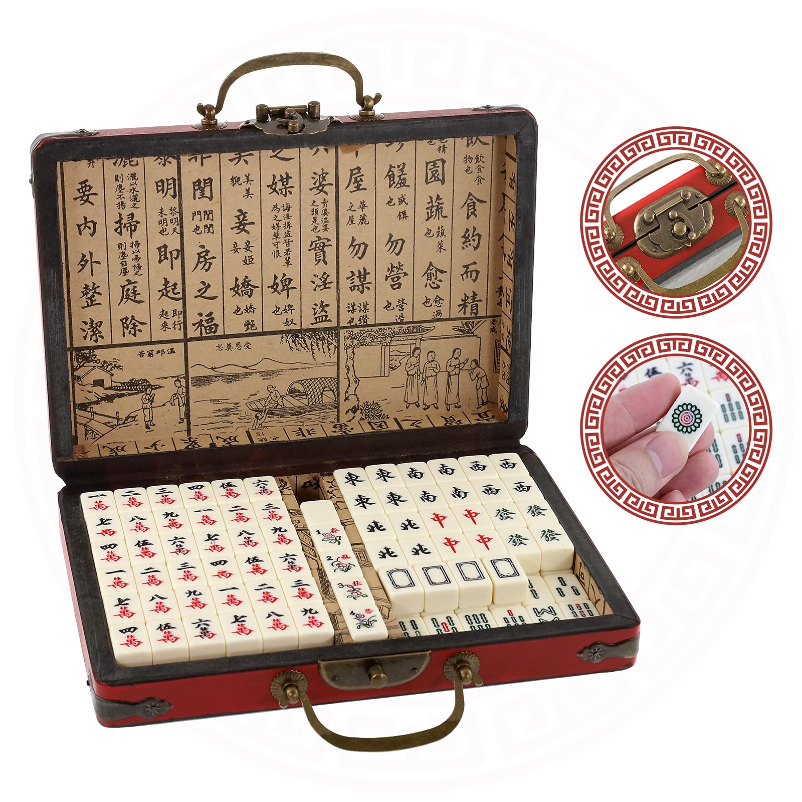 Dyna-Living Jeu de Mahjong chinois, structure solide, facile à lire, lot de 144 carreaux de Mahjong, 2 dés et étui de transport en cuir, les fêtes, les jeux familiaux