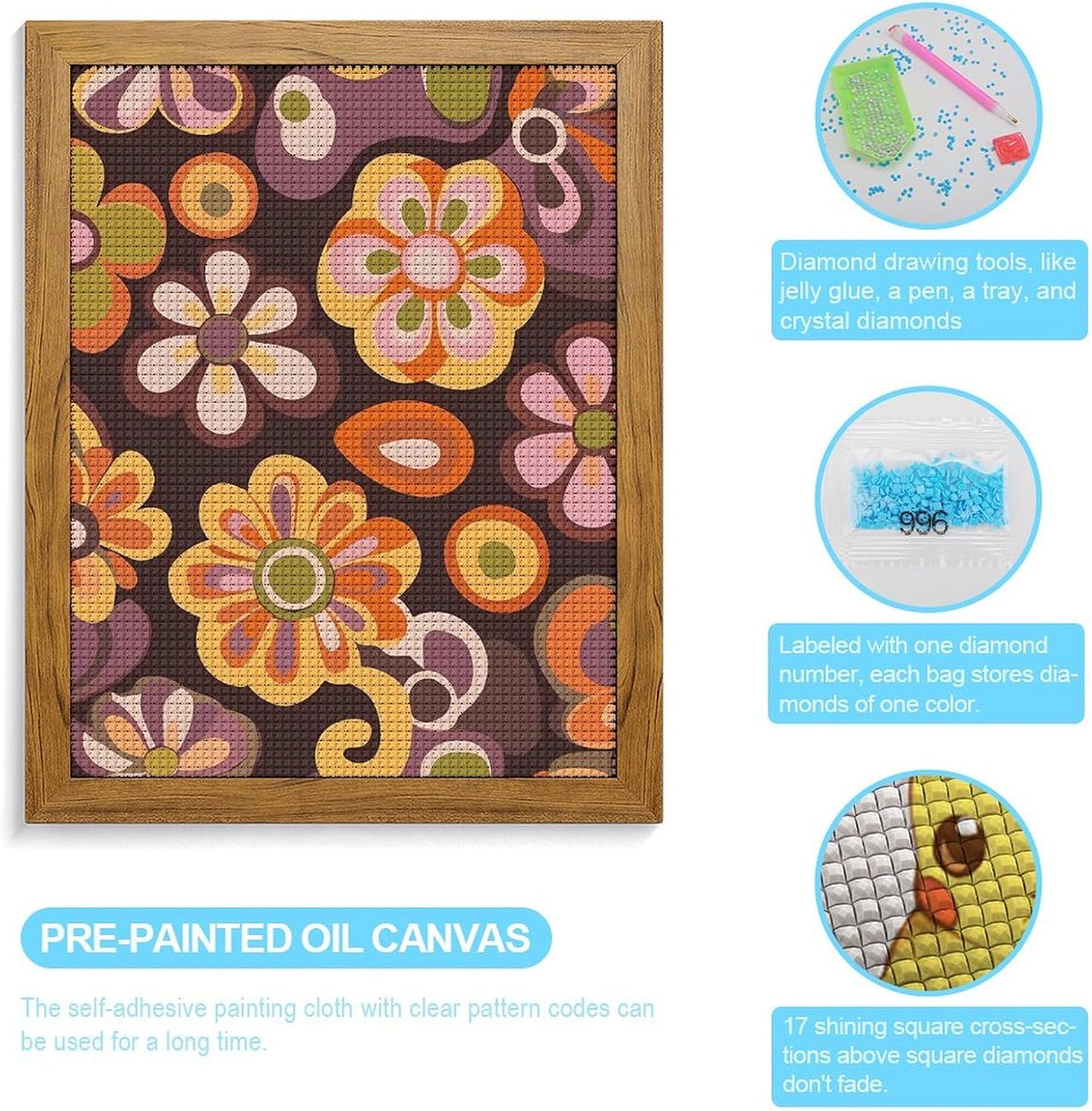 Vintage Groovy Flowers Pattern Diamond 5D Painting Kits with Frame DIY Full Round Drill Gem Art Crafts for Home Wall Decor 16 X 20in Yellow Wood 40 * 50cm